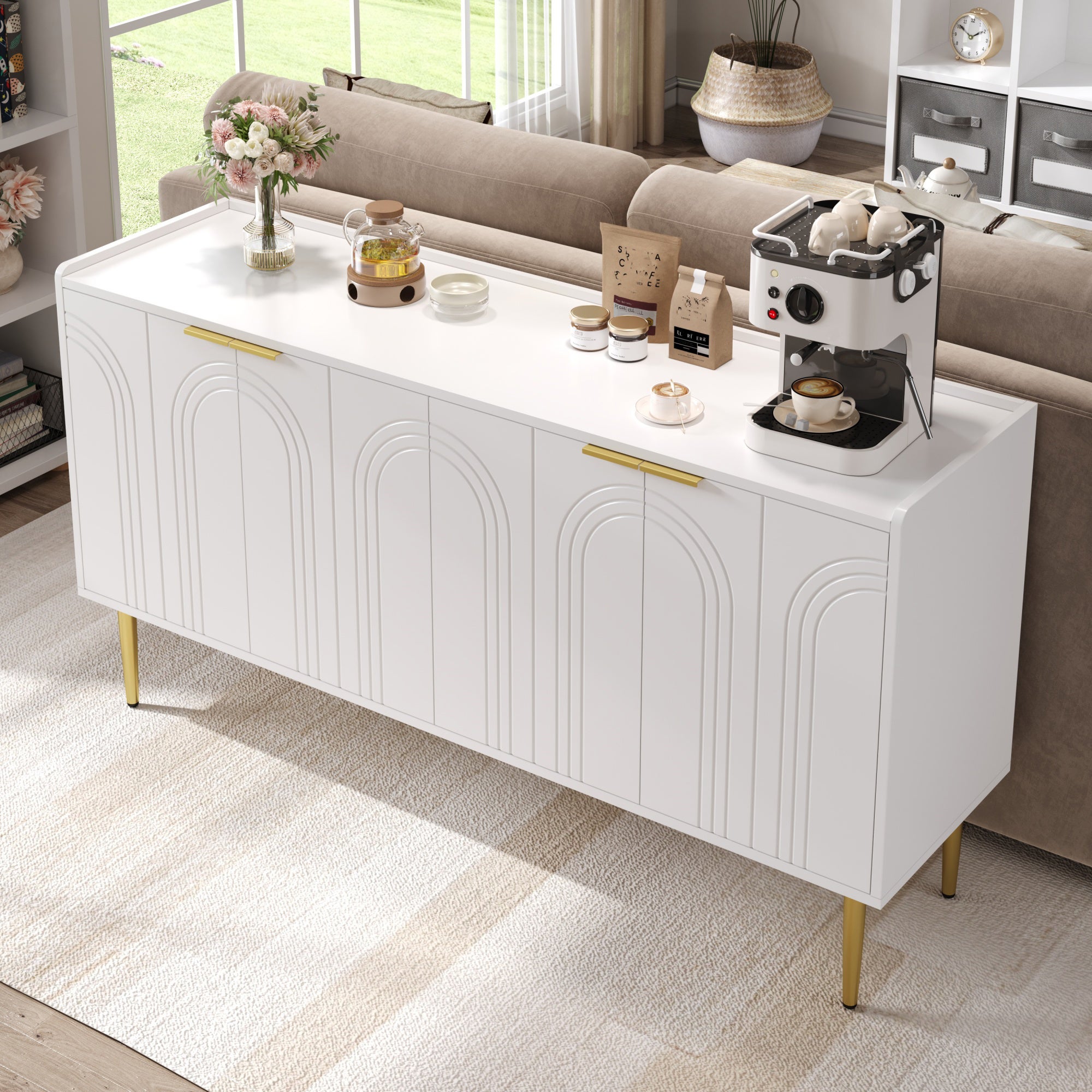 Nowoczesny buffet 140x38x75 cm - 4 fronty - Nogi metalowe - MDF - Biały - 6