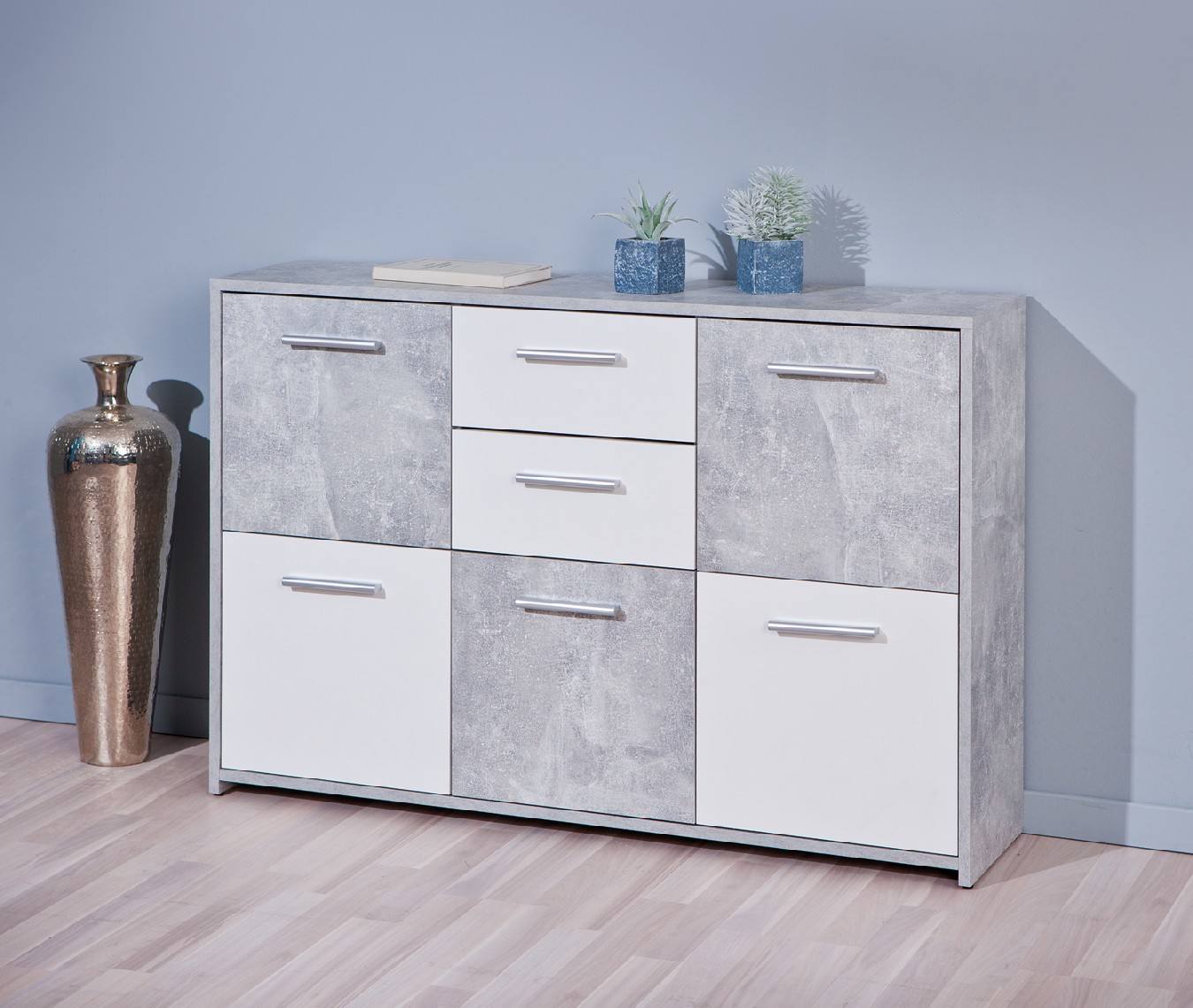 Idemon Credenza con venature del legno bianco, quattro ante, con tre cassetti, soggiorno, sala da pranzo, colore legno e bianco (160 x 37 x 75 cm Idemon Credenza con venature del legno bianco, quattro ante, con tre cassetti, soggiorno, sala da pranzo, colore legno e bianco (160 x 37 x 75 cm