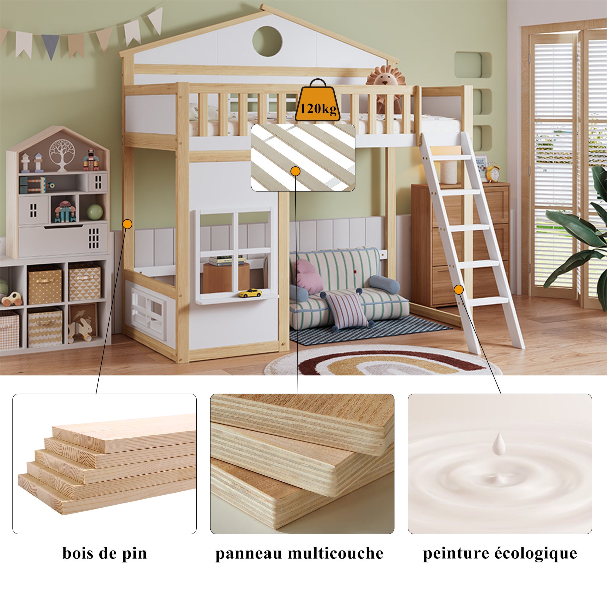 Lit mezzanine 90x200cm avec échelle, lit superposé bois avec 3 fenêtres et barrière de sécurité, cadre de pin, sommier à lattes, blanc (sans matelas) - 4