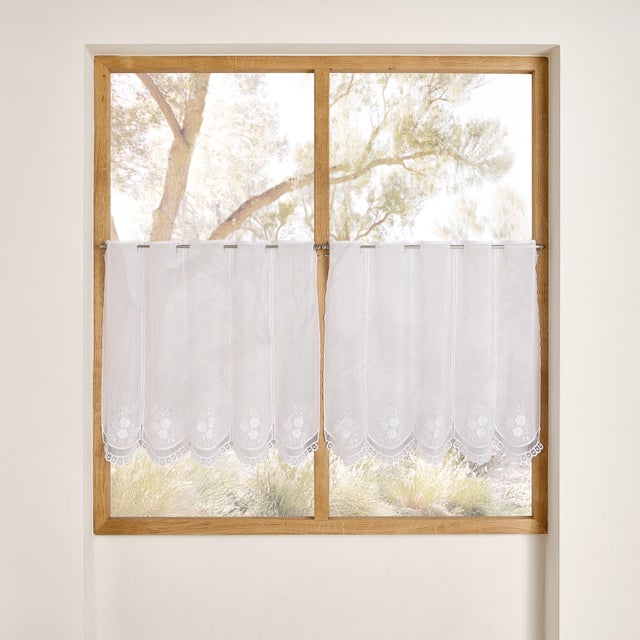 Brise-bise brodé à motif fleurs avec finition macramé - Blanc - 60x45 cm - Polyester
