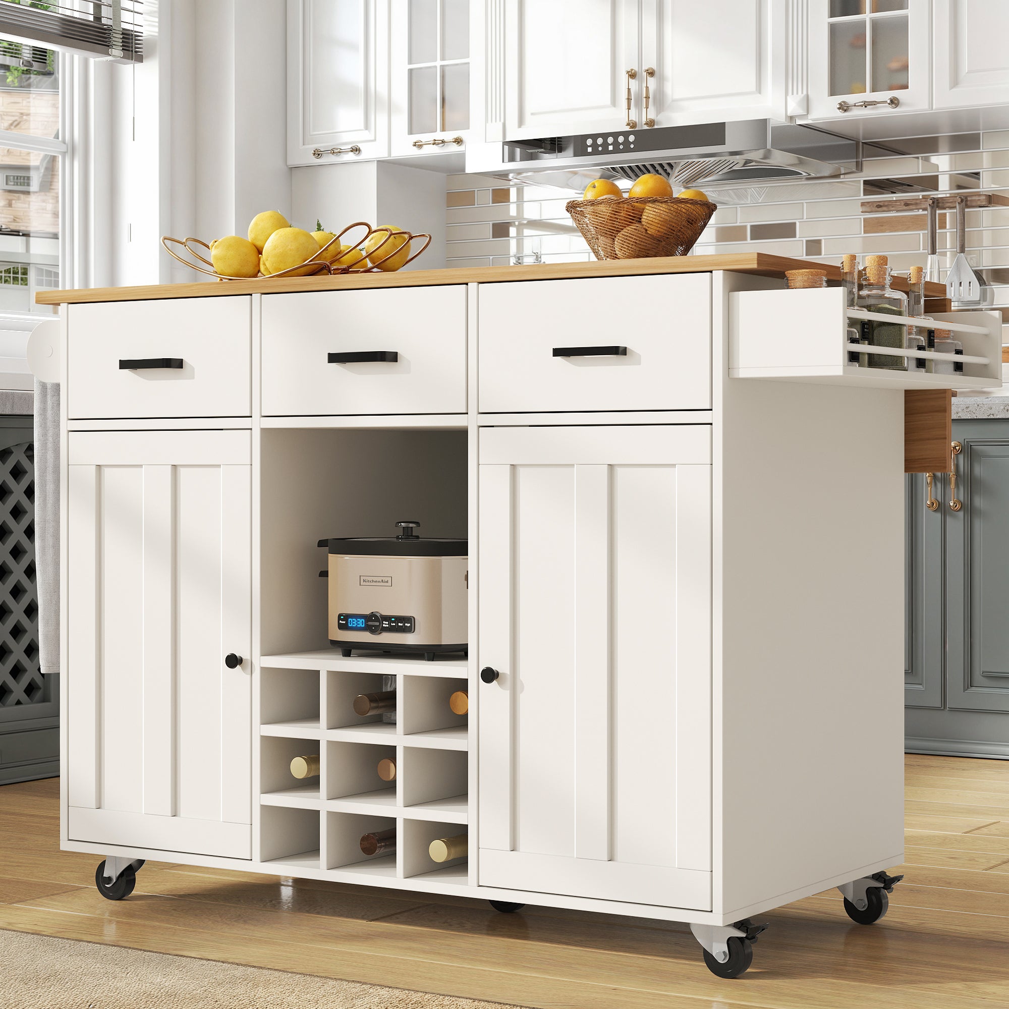 Ilot central de cuisine - chariot à roulette avec plateau extensible - 3 tiroirs et 2 portes - Blanc - 3