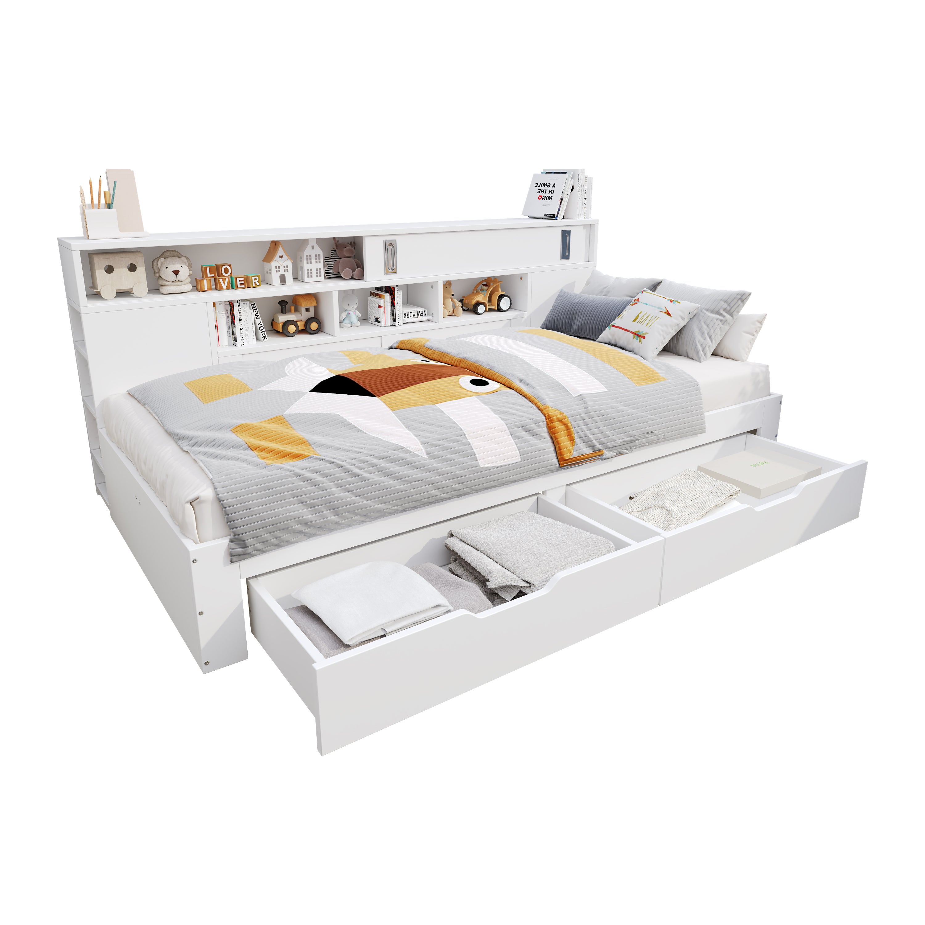 Lit enfant 140x190 cm - Avec 2 tiroirs - Armoire à portes coulissantes - Étagères latérales réglables - MDF - Blanc (sans matelas) - 7