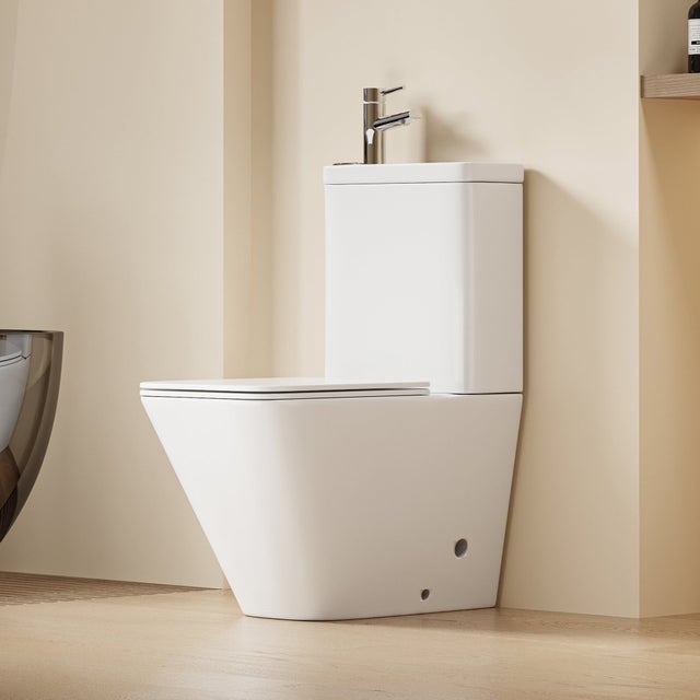 DILECI - WC à poser avec lave-mains intégré 2-en-1 sans bride sortie horizontale (67x39x84,5cm) - Design carré blanc ANTHONY