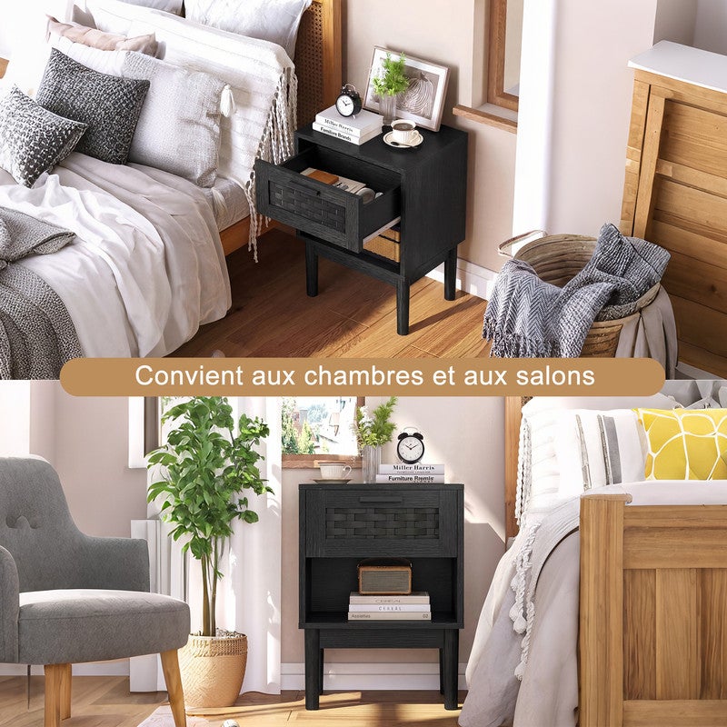 Lot de 2 Table de Chevet, Un Tiroir, Tressage en Rotin, Table de Chevet Moderne, Cadre en Bois, Noir, Table de Chevet - 6