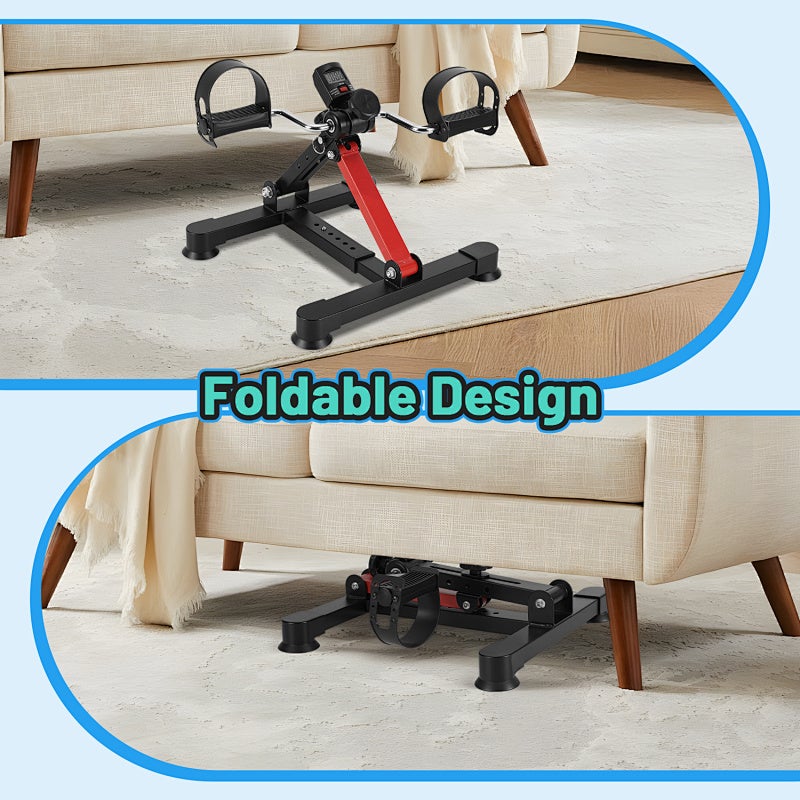 Mini bicicleta estática dobrável com pedais - - Para treinar pernas e braços - Musculação Preto e vermelho - 6