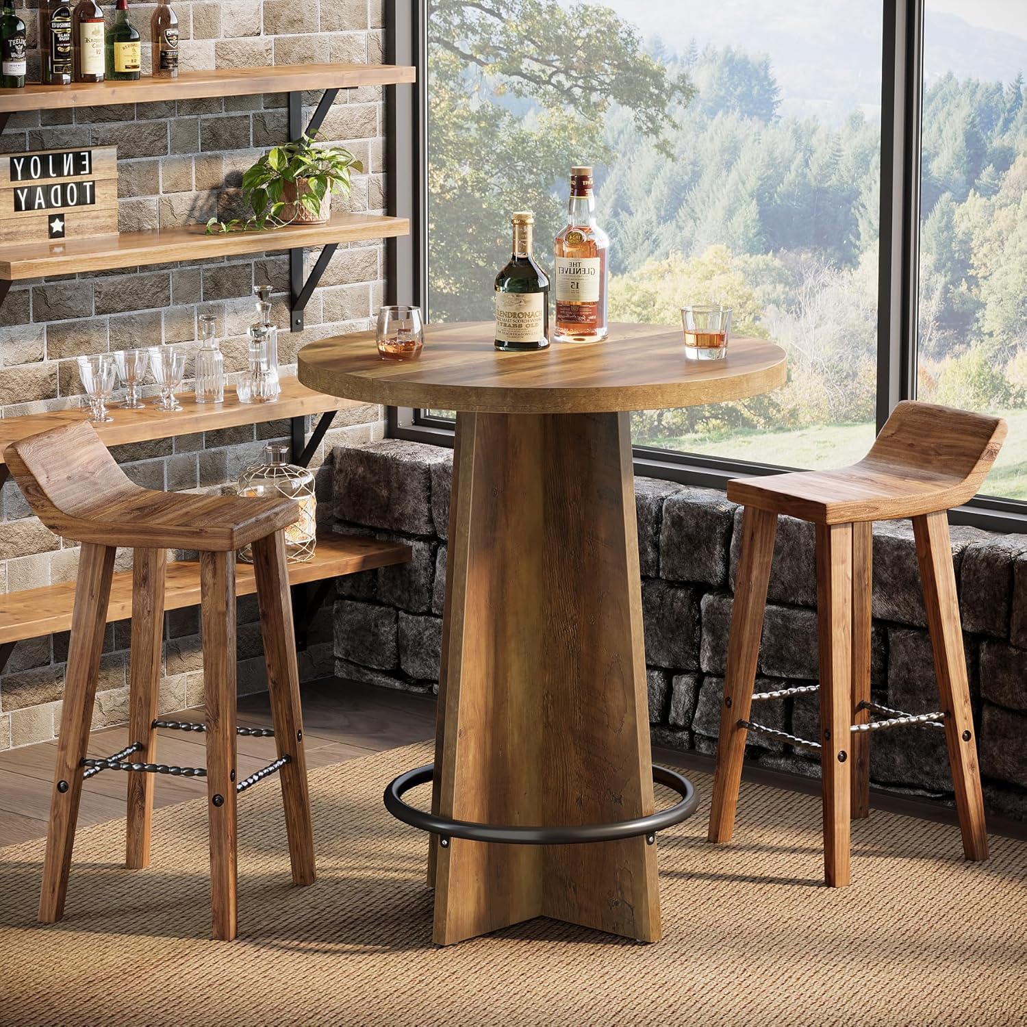 Tribesigns Table de Bar Ronde Haute 95 cm, Bois Bistro et Repose-pieds ...