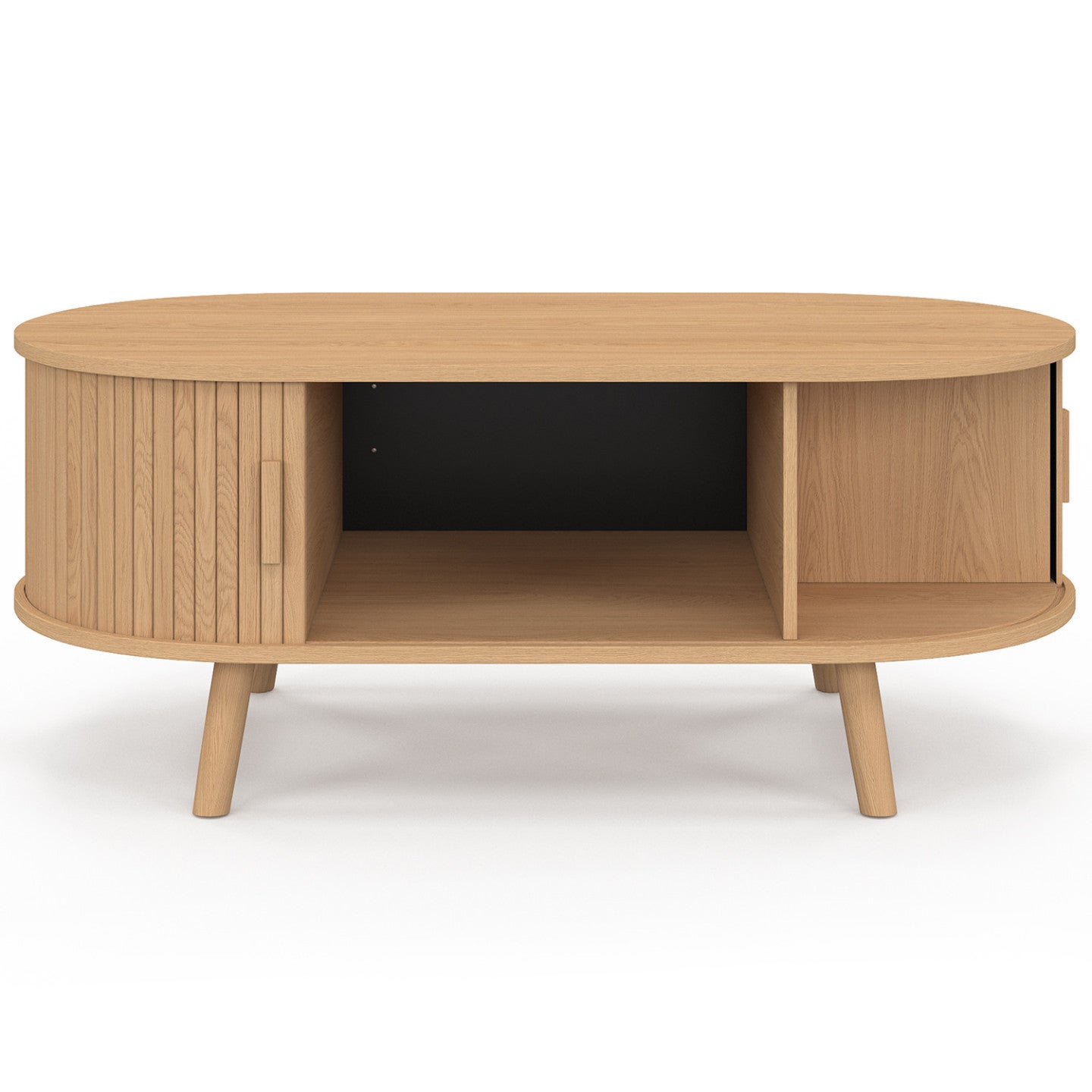 Table basse ovale ROMIE 100 cm 2 portes coulissantes lattes tasseau bois coloris chêne - 3