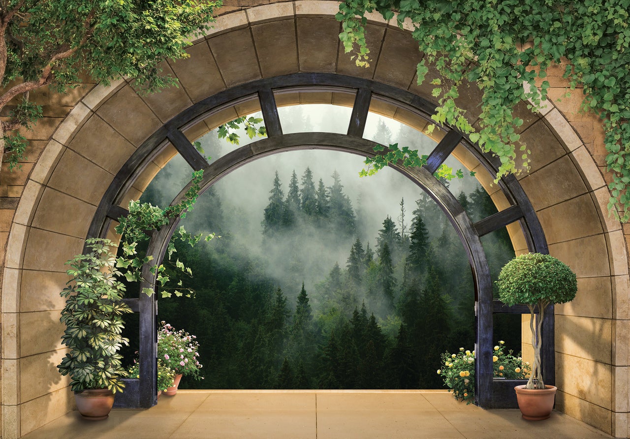 Papel pintado fotografia ventana bosque niebla 3d efecto paisaje 416x254 cm - incluye cola - moderno salon dormitorio papel no tejido