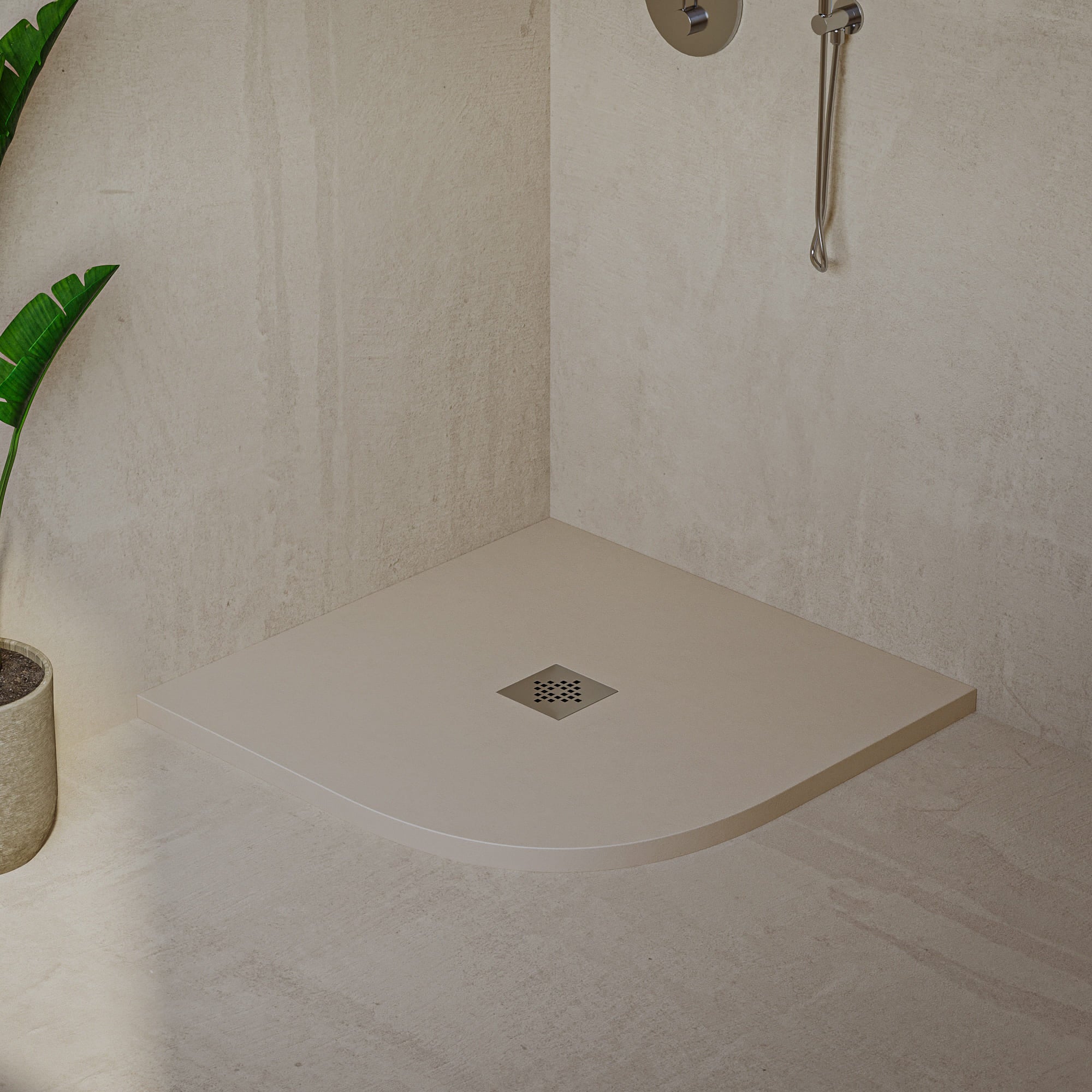 Brodzik półokrągły SOULHOME Żywica i Konglomerat Mineralny Antypoślizgowy 90x90 cm Intensywny Krem - Kratka Inox