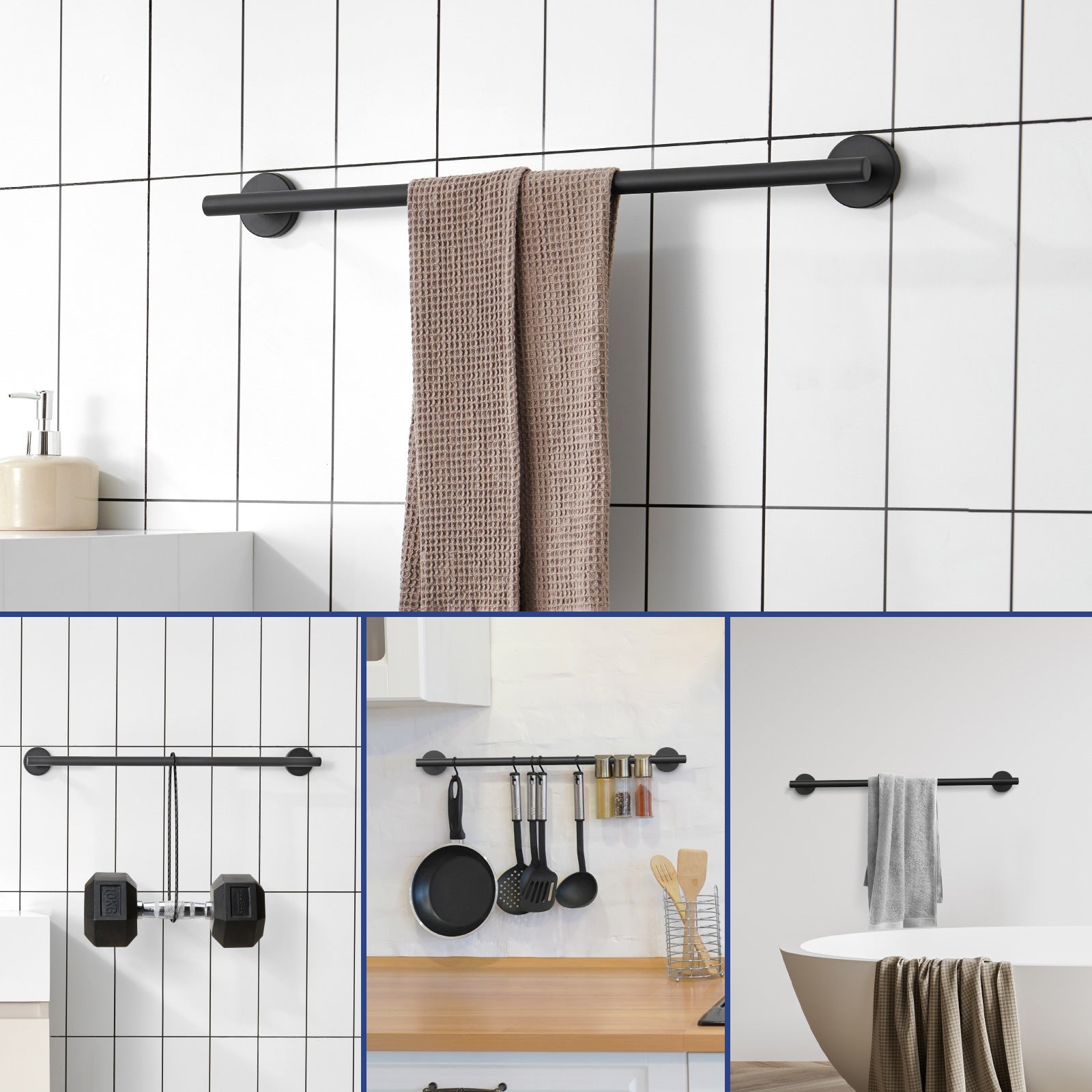 Porte-serviettes Multifonctionnel en Acier Inoxydable 304 Noir, Porte-serviettes Unipolaire Adapté pour Salle de Bain/Serviette Hygiénique/Cuisine - 3