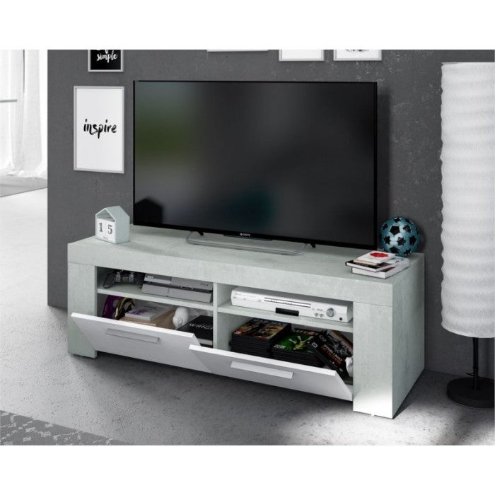 Meuble TV WENDY 2 portes et 2 niches de rangement L120cm - Blanc / Béton - 4
