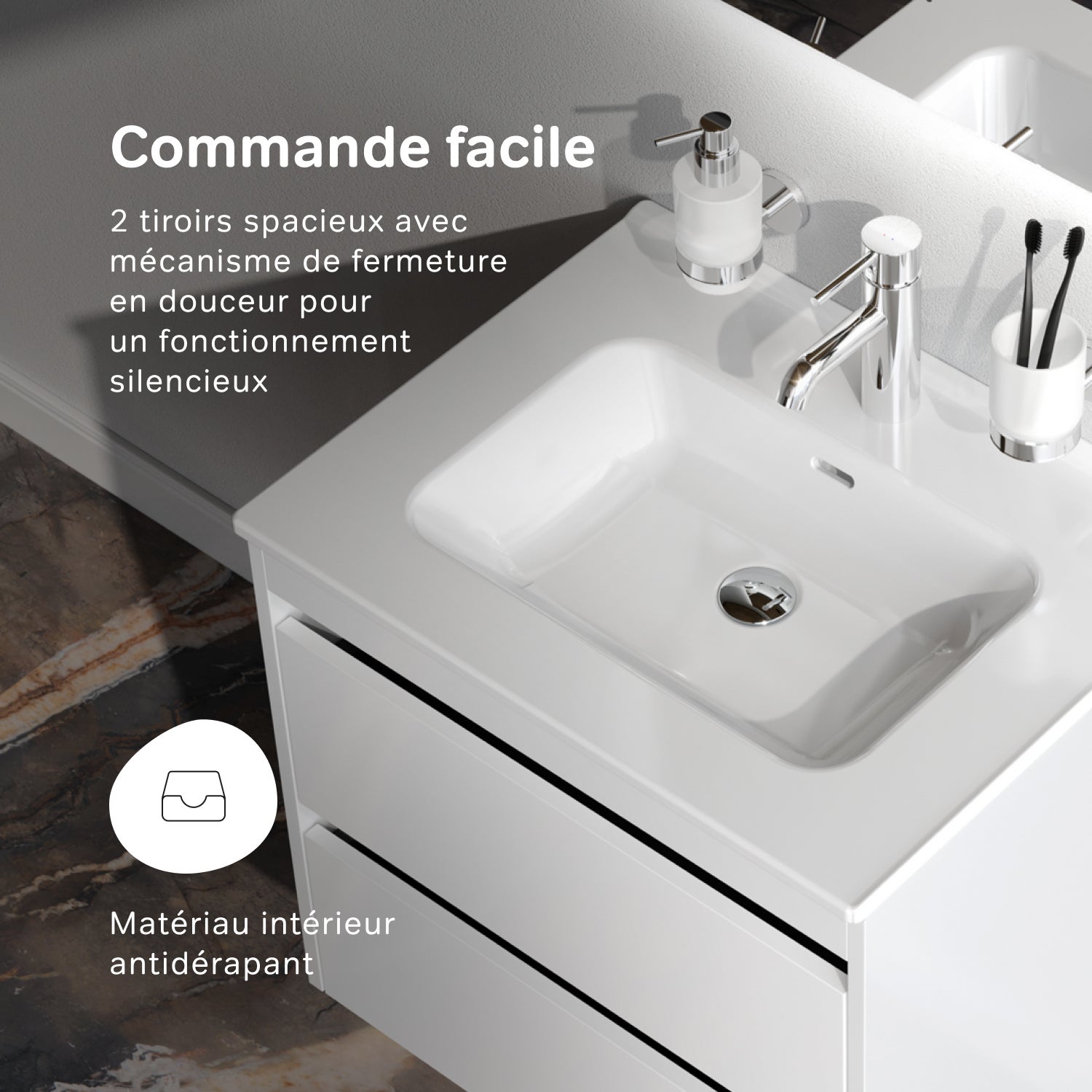 Meuble salle de bains avec Vasque en Céramique Meuble simple vasque suspendu 60cm effet bois clair avec lavabo intégré, 2 tiroirs, design, Blanc AM.PM - 7