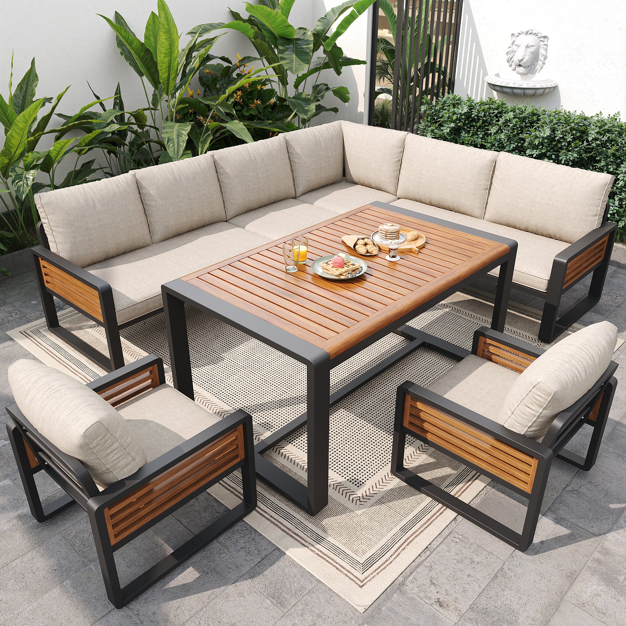 Salon de jardin modulable en fer galvanisé 7 places : 2 canapé 2 places + 3 fauteuils + 1 table 90 x 63 x 63 cm - Beige - 2