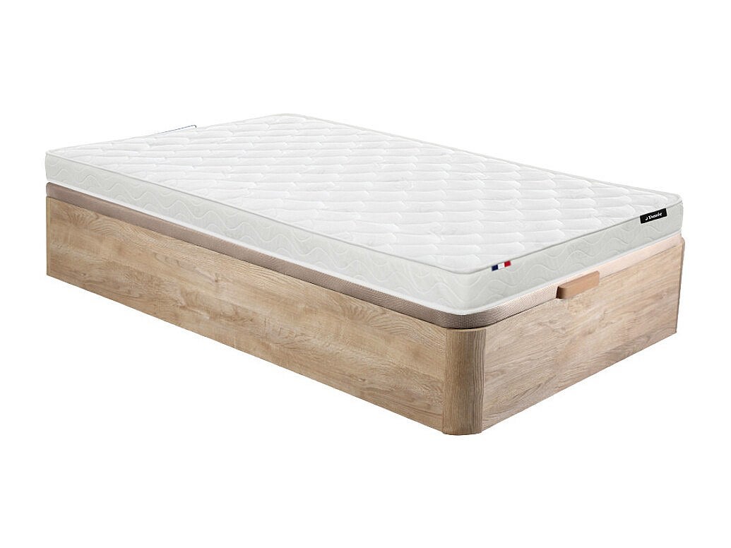 Zestaw 90 x 190 cm stelaż ze skrzynią naturalny jasny + materac piankowy o grub. 15 cm - ZEUS marki YSMÉE