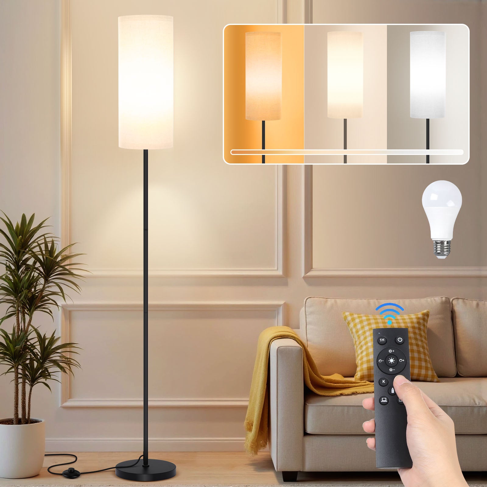 Nowoczesna Lampa Podłogowa Stojąca LED 12W Ściemnialna z Magnetycznym Pilotem Lniany Abażur Czarna