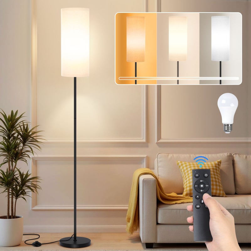 Nowoczesna Lampa Podłogowa Stojąca LED 12W Ściemnialna z Magnetycznym Pilotem Lniany Abażur Czarna