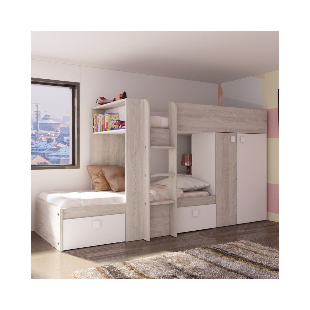 Letto a castello bianco e bianco vintage con armadio e cassetti