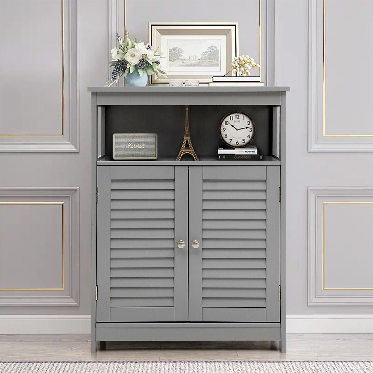 Armario baño con doble puerta persiana y repisa regulable para salón dormitorio gris 60x30,5x80cm