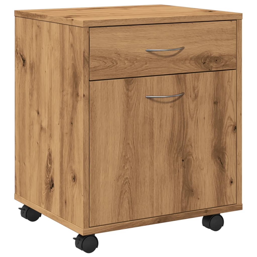 Armoire Roulante Chêne Artisanal 60x35x75 Cm - Meuble De Rangement Bureau Sur Roulettes - Bois D'Ingénierie