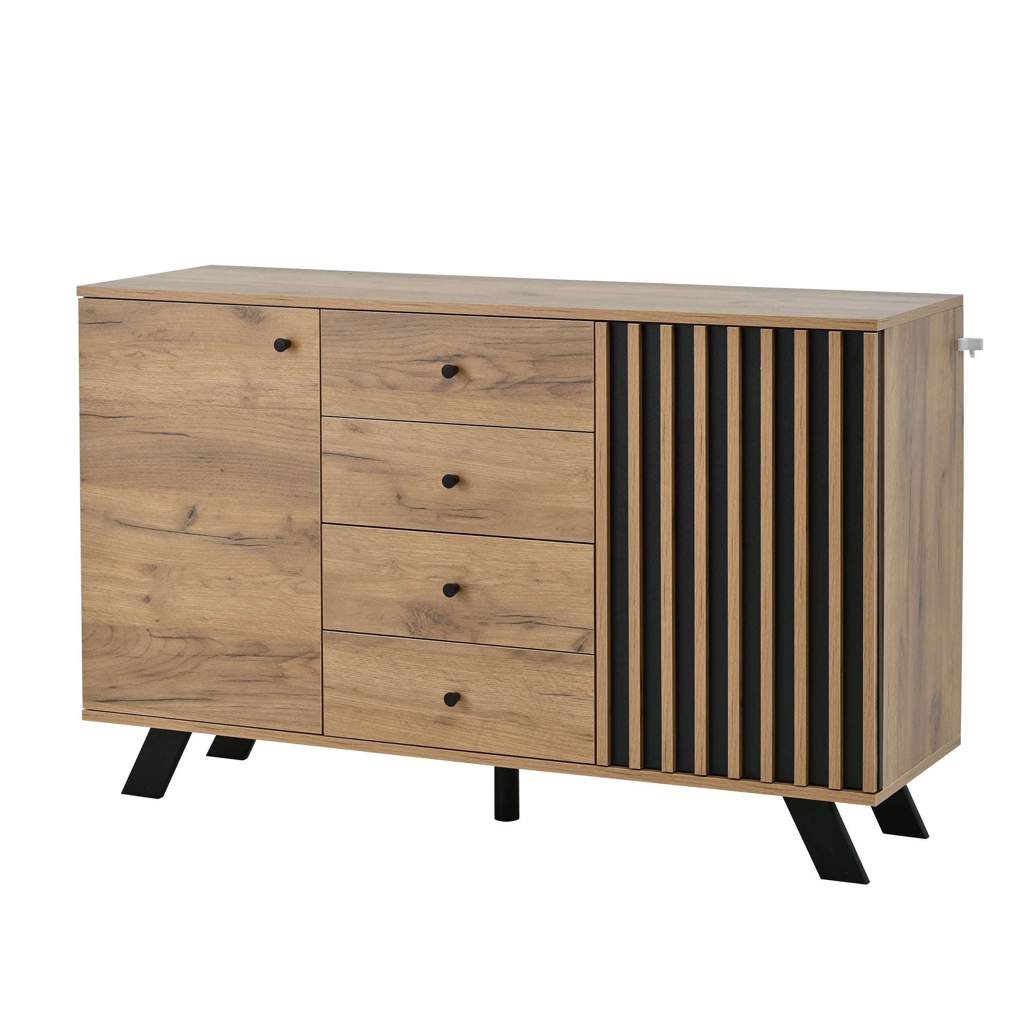 Buffet 120x38x75cm - 4 tiroirs et 2 portes - avec 5 pieds en bois massif - MDF - naturel - 2