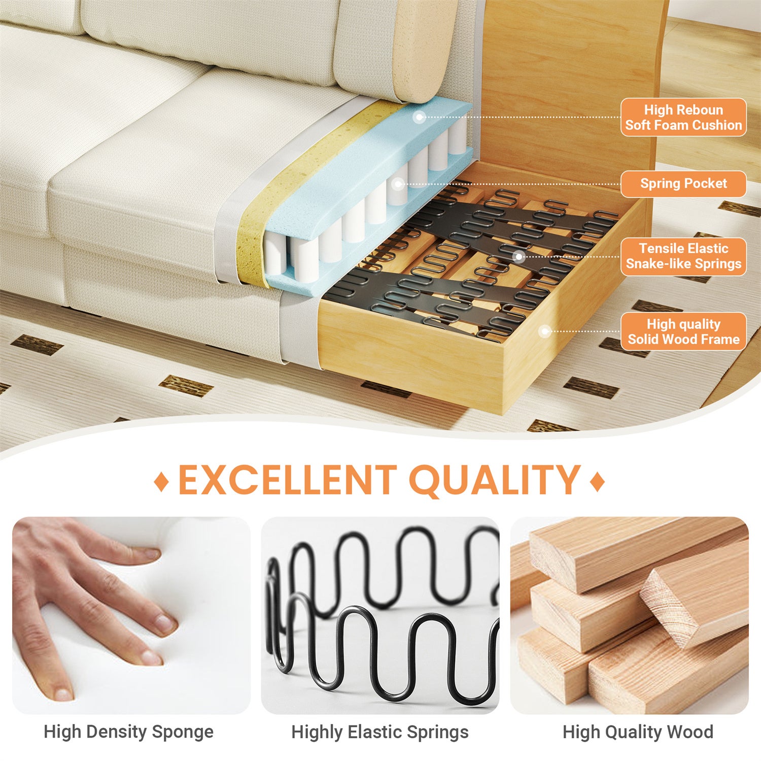 Grand Canapé 3 Places en Chenille Beige avec accoudoirs,coussins et oreillers,Canapé Scandinave pour le salon,220×74×86cm - 5