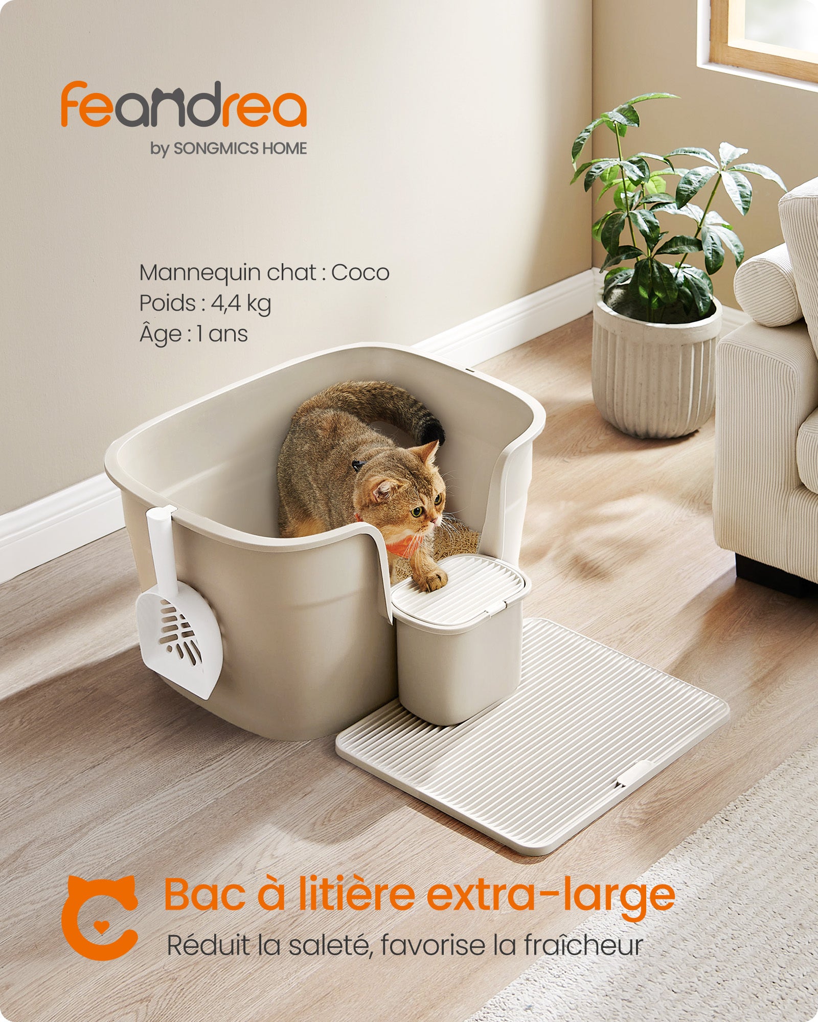 Bac à Litière, Litière Extra Large avec Paroi Latérale, avec Un Tapis de Litière, Boîte de Rangement, Pelle, pour Grand Chat, Beige Cappuccino - 3
