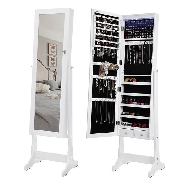 Espejo joyero con iluminación led, espejo, 5 repisas y 2 cajones pequeños, elegante diseño en blanco