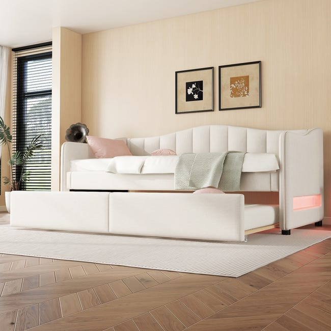 Sofá Cama De Día 90x200 Cm - Con Cama Extraíble, Estilo Minimalista En Lino Beige