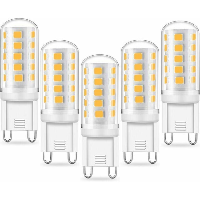 Bombillas LED G9 de 5W, equivalentes a una bombilla incandescente de 40W, luz blanca cálida 6000K, 220-240V, no regulables, paquete de 5 unidades.