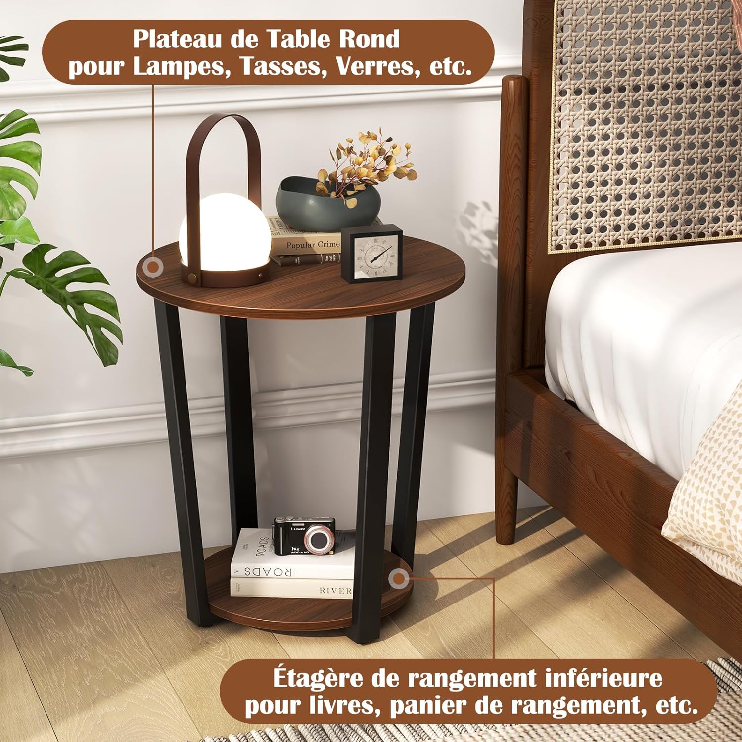 Tavolino Rotondo, Tavolino Laterale a 2 Ripiani con Mensola Aperta, Tavolino da Divano con Struttura in Metallo per Soggiorno, Camera da Letto - 6