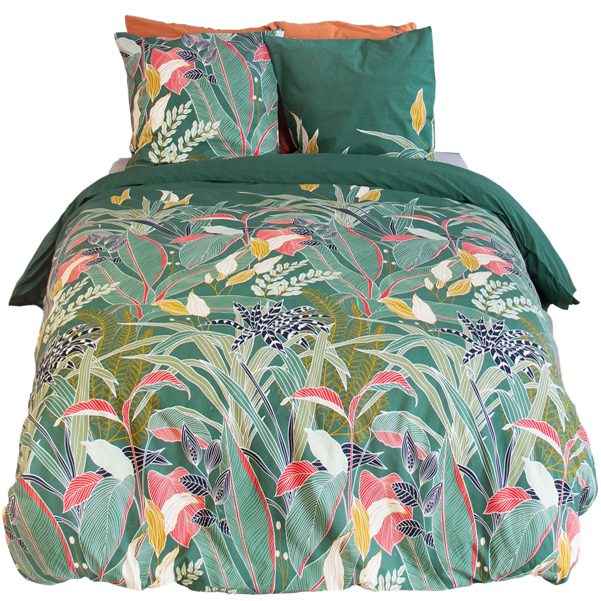 Parure de lit 260x240cm en coton GIGAJUNG vert motif tropical 3 pièces - 2