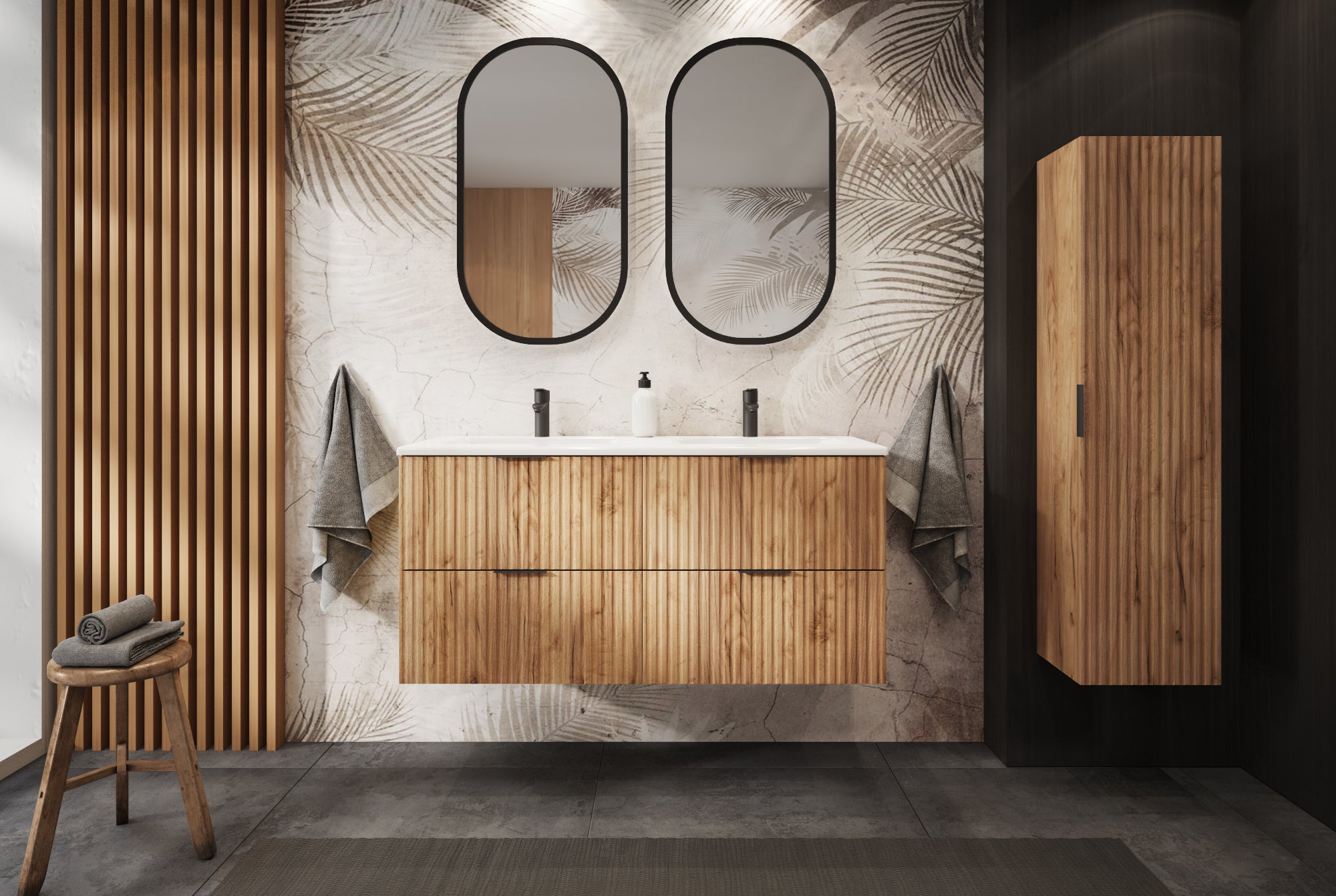 Meuble sous vasque à 4 portes FLOW CHÊNE 160 cm avec 2 x l'étagères - extensions et plan - 2