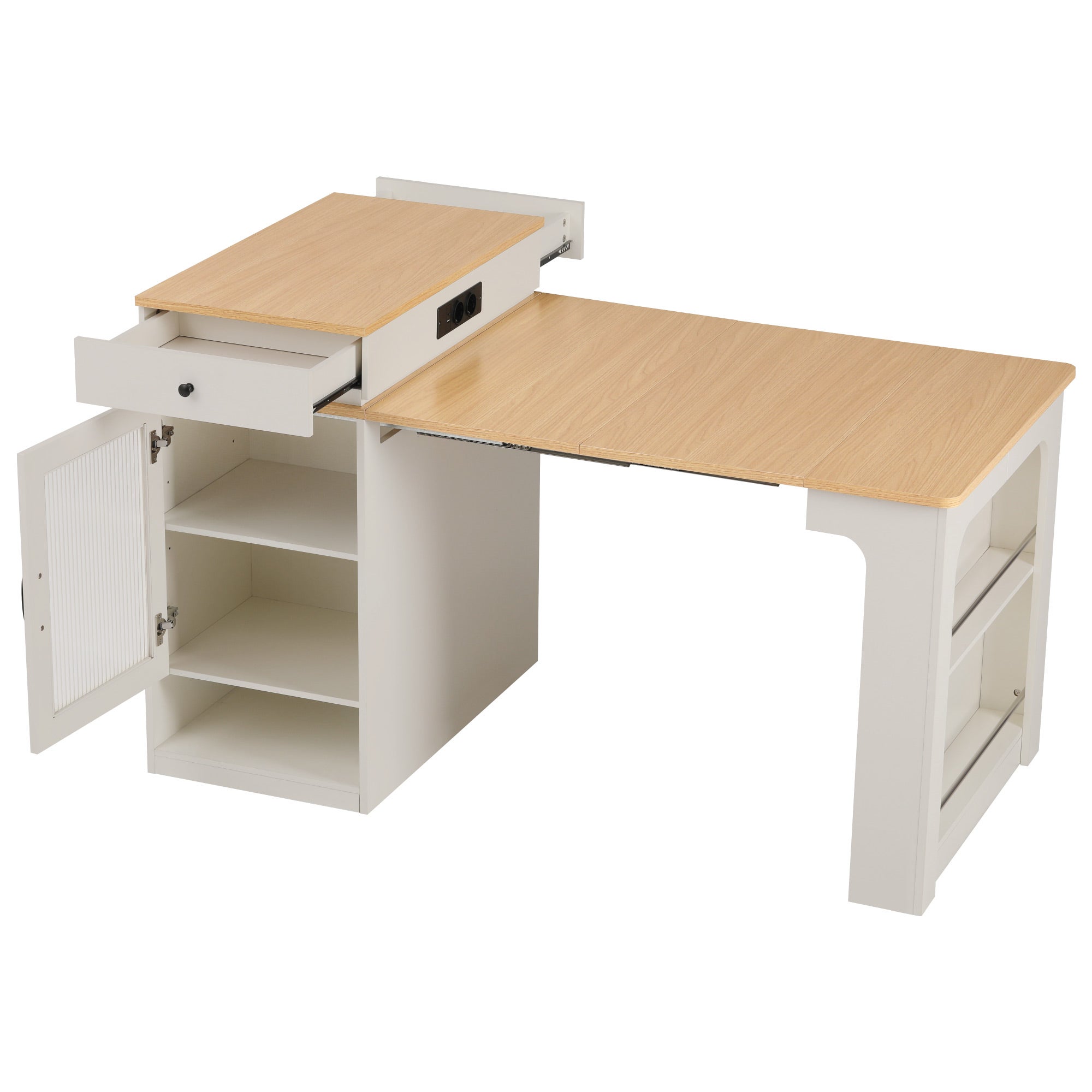 Ilot central de cuisine - avec prise de courant - avec table à manger amovible et extensible - texture du bois - avec 1 porte - naturel + blanc - 6