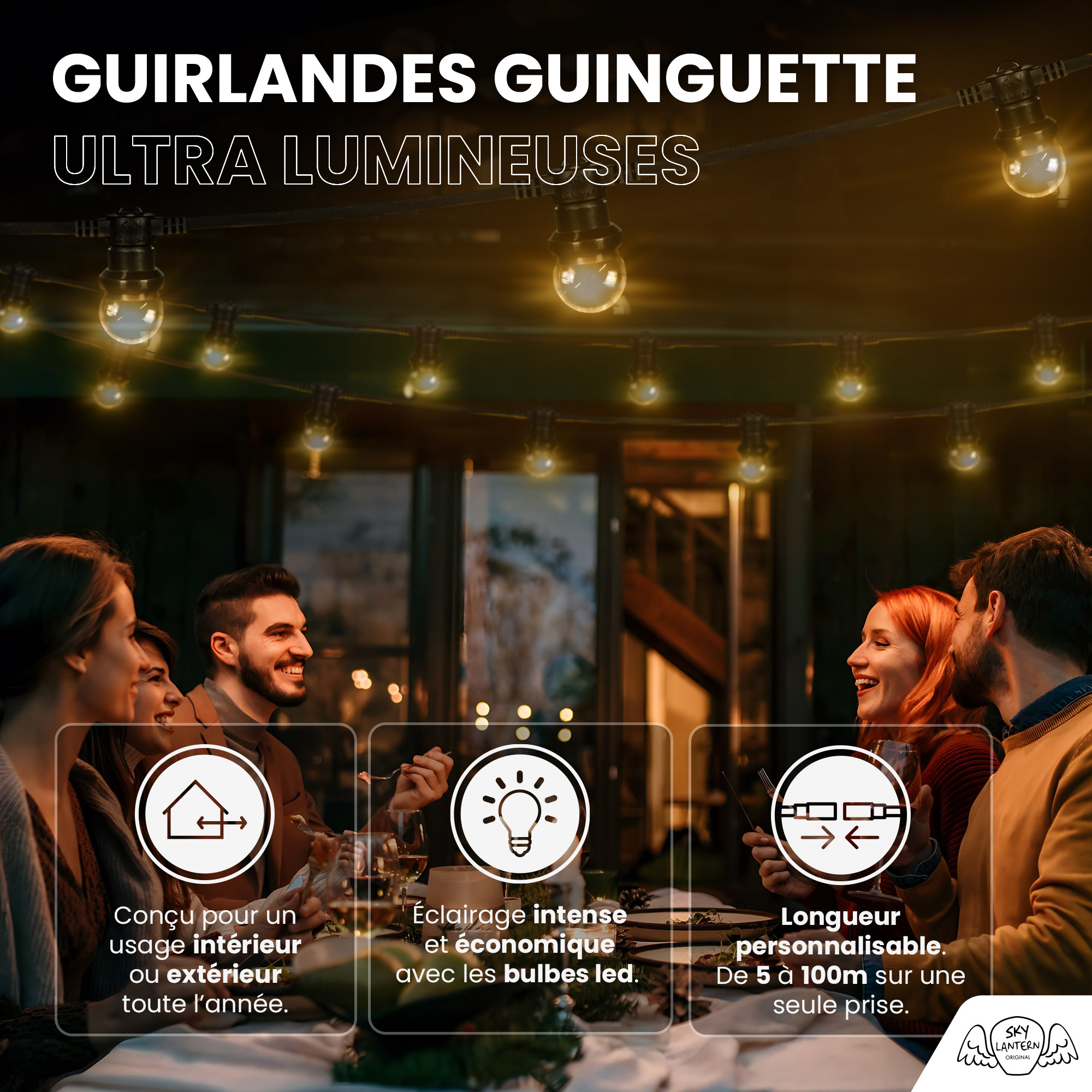 Kit Guirlande Guinguette IP65 20M 40 Bulbes Transparents Dimmables SKYLANTERN - 2