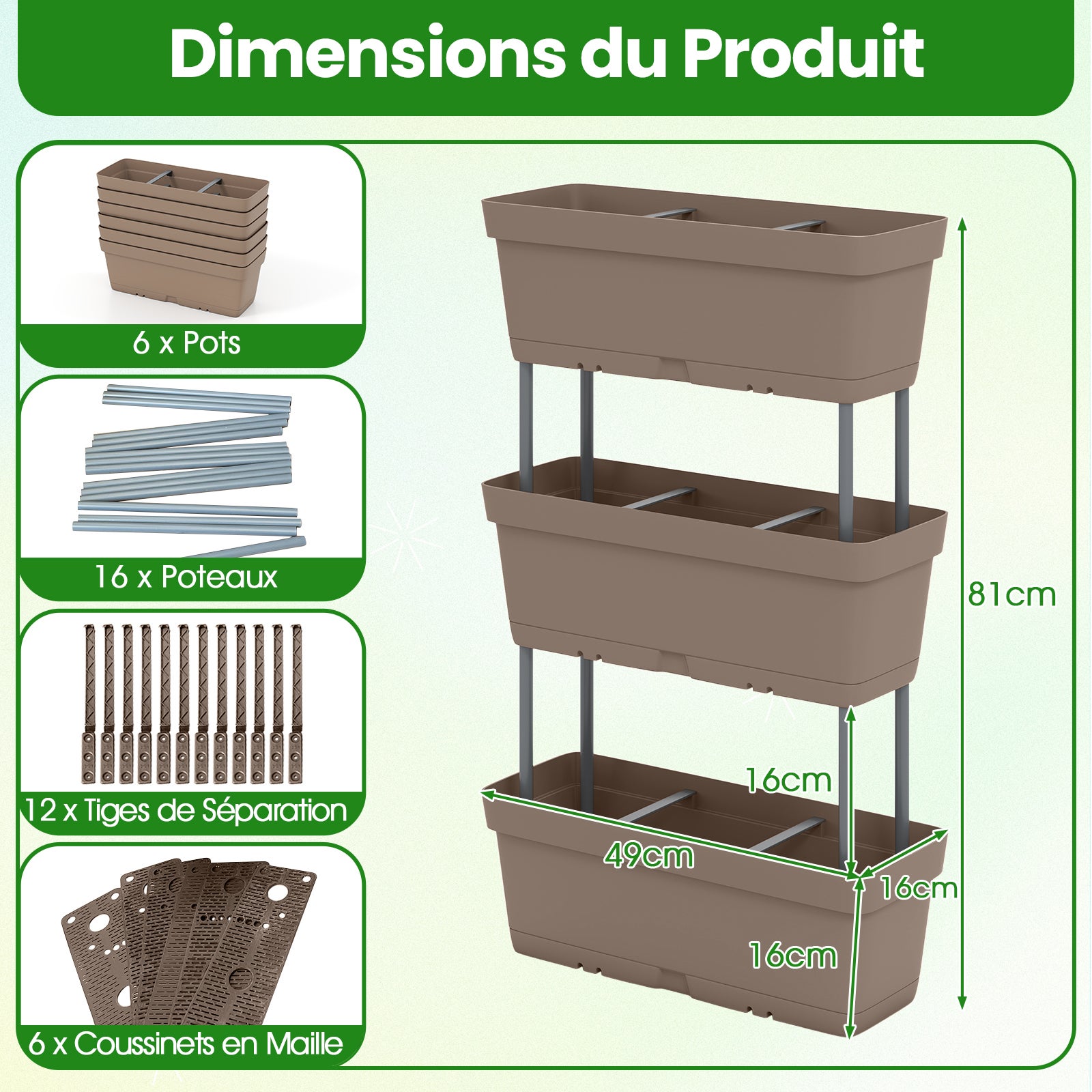 Jardinière Surélevée Vertical avec 6 Bacs de Plantation Trous de Drainage, Lit de Jardin Arrangement DIY pour Fruits Légumes Fleurs Herbes, Gris - 4
