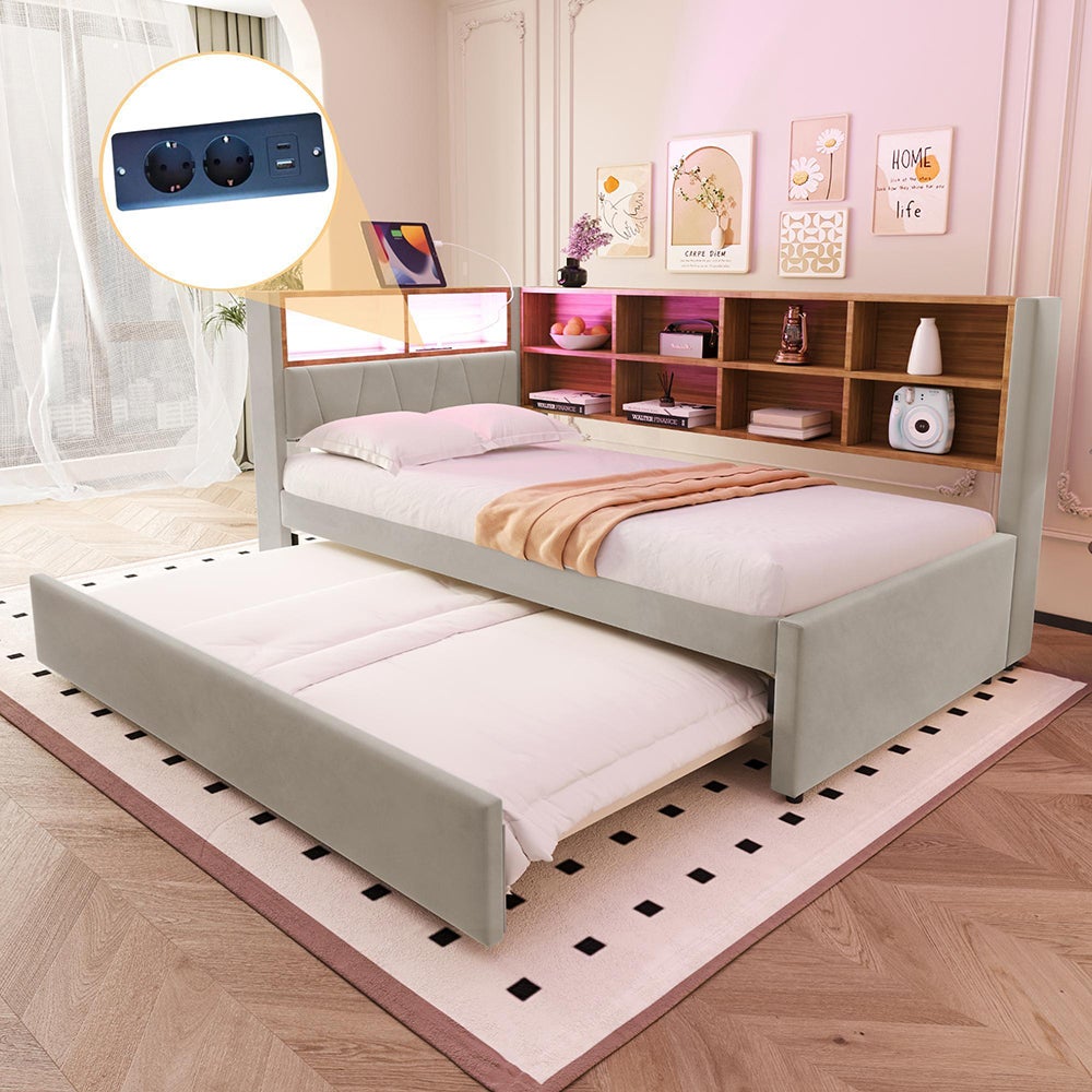 Rozkładana sofa 90 × 200 cm, z oświetleniem LED, gniazdkami elektrycznymi i licznymi schowkami, wykończenie flanelowe, jasnoszary