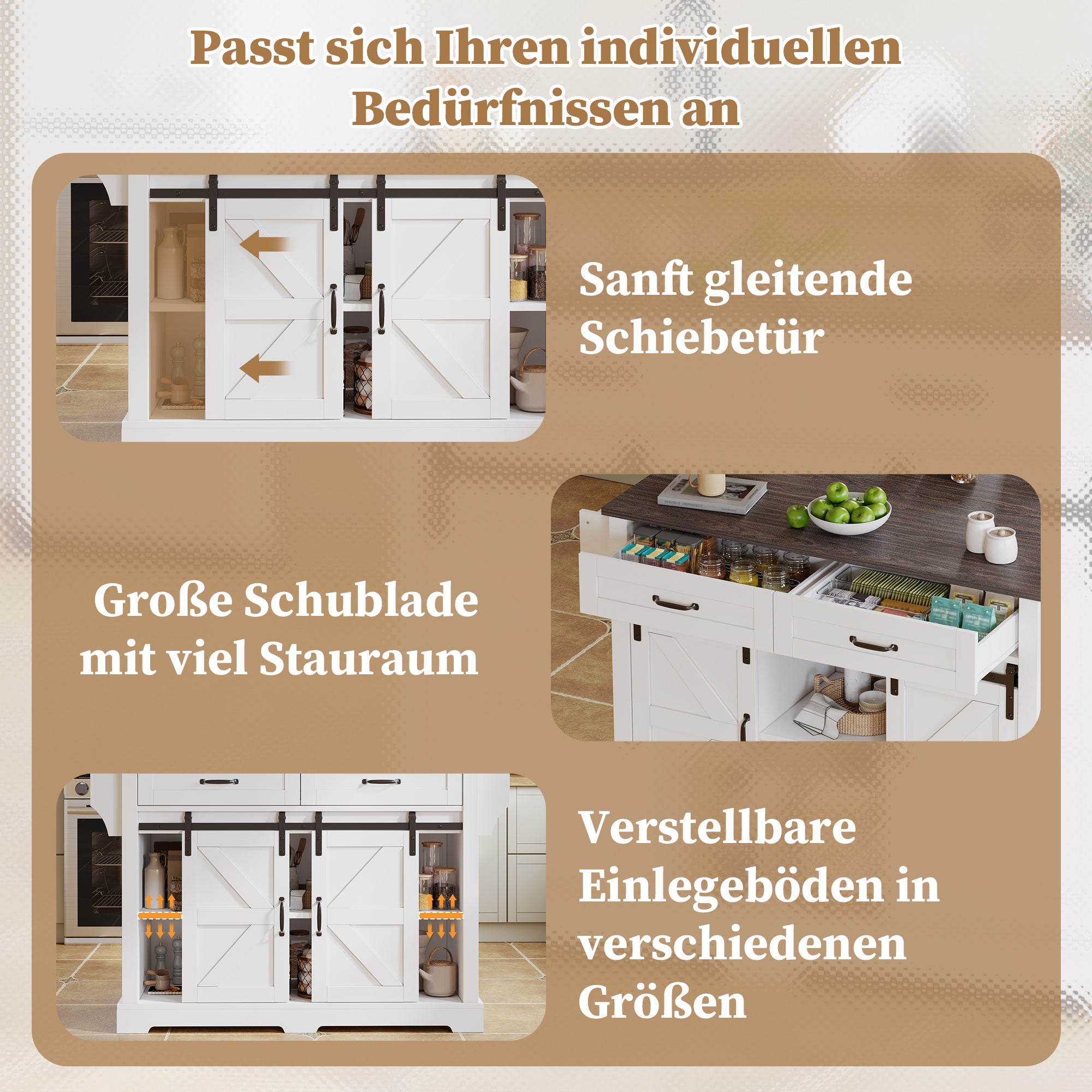 Mobilna i rozkładana wyspa kuchenna z 2 drzwiami przesuwnymi i 2 szufladami - 120 x 45/70 x 91 cm - MDF - Biała - 3
