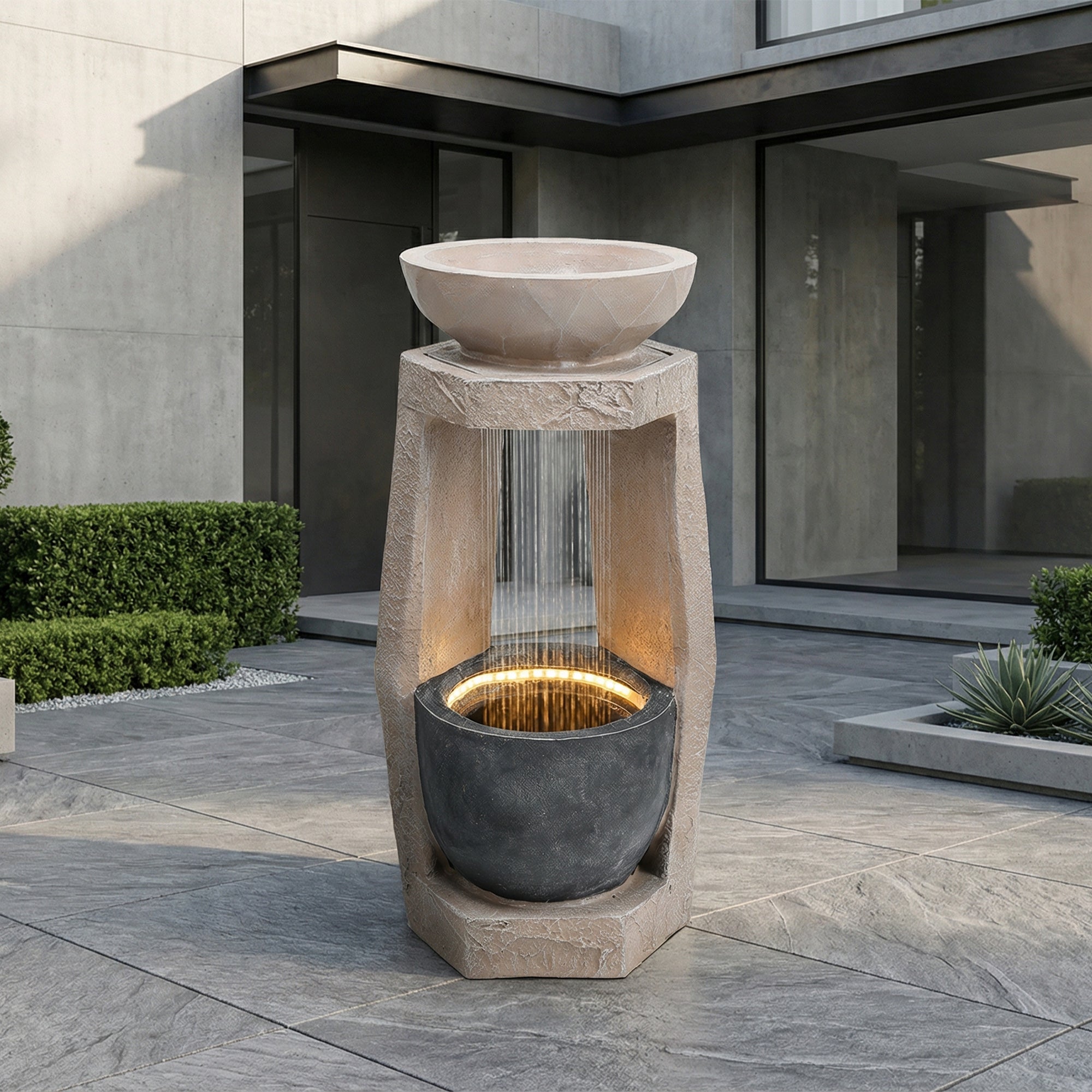 Fontaine de jardin avec LED et pompe intégrée - Résine effet pierre naturelle - 36,5 x 36 x 81,5 cm - Beige - 3