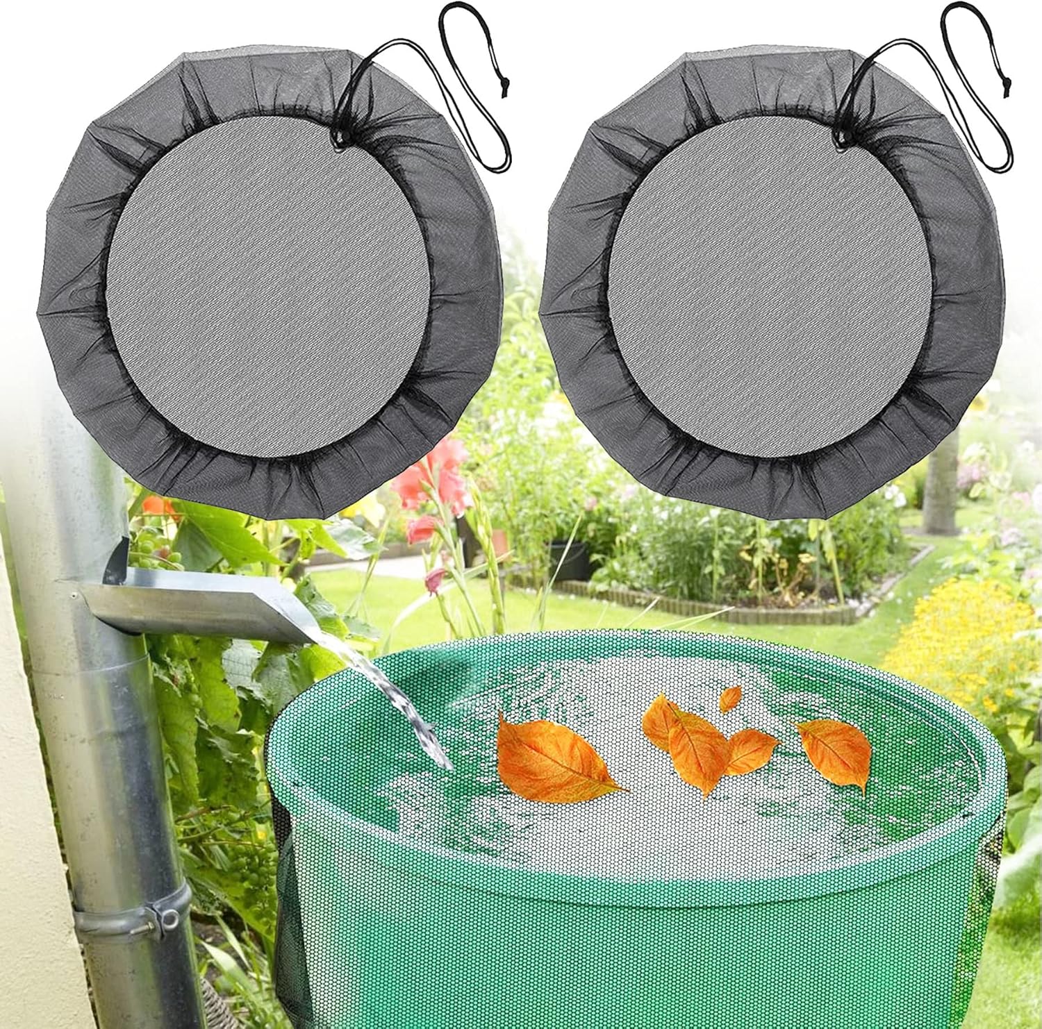2 szt. Siatka na zbiornik na deszczówkę Ø 80 cm ze sznurkiem ściągającym, pokrowiec na beczkę, regulowana ochrona przed liśćmi i komarami