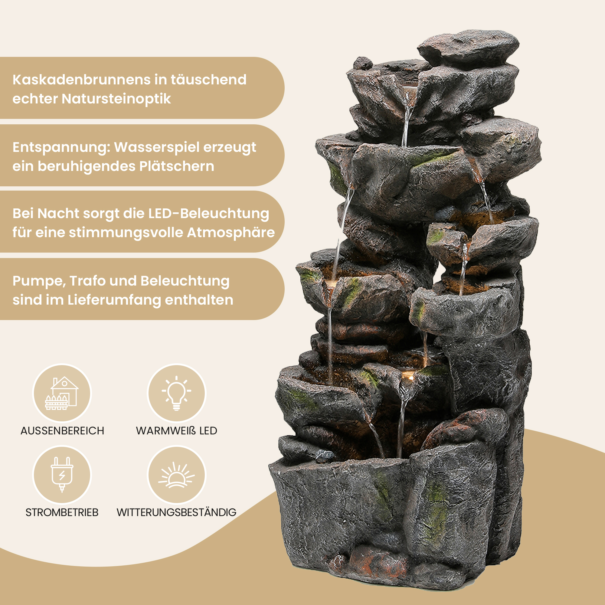 Fontaine de jardin LED décorative avec pompe 16 W - Résine effet pierre naturelle - 46 x 36 x 90 cm - Gris - Idéale terrasse, jardin ou balcon - 6
