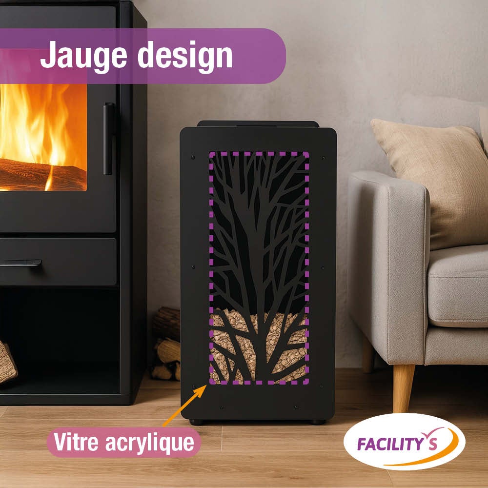 Réservoir à granulés 55 kg noir - 37 x 37 x 69 cm - Acier robuste et tamis intégré - 2