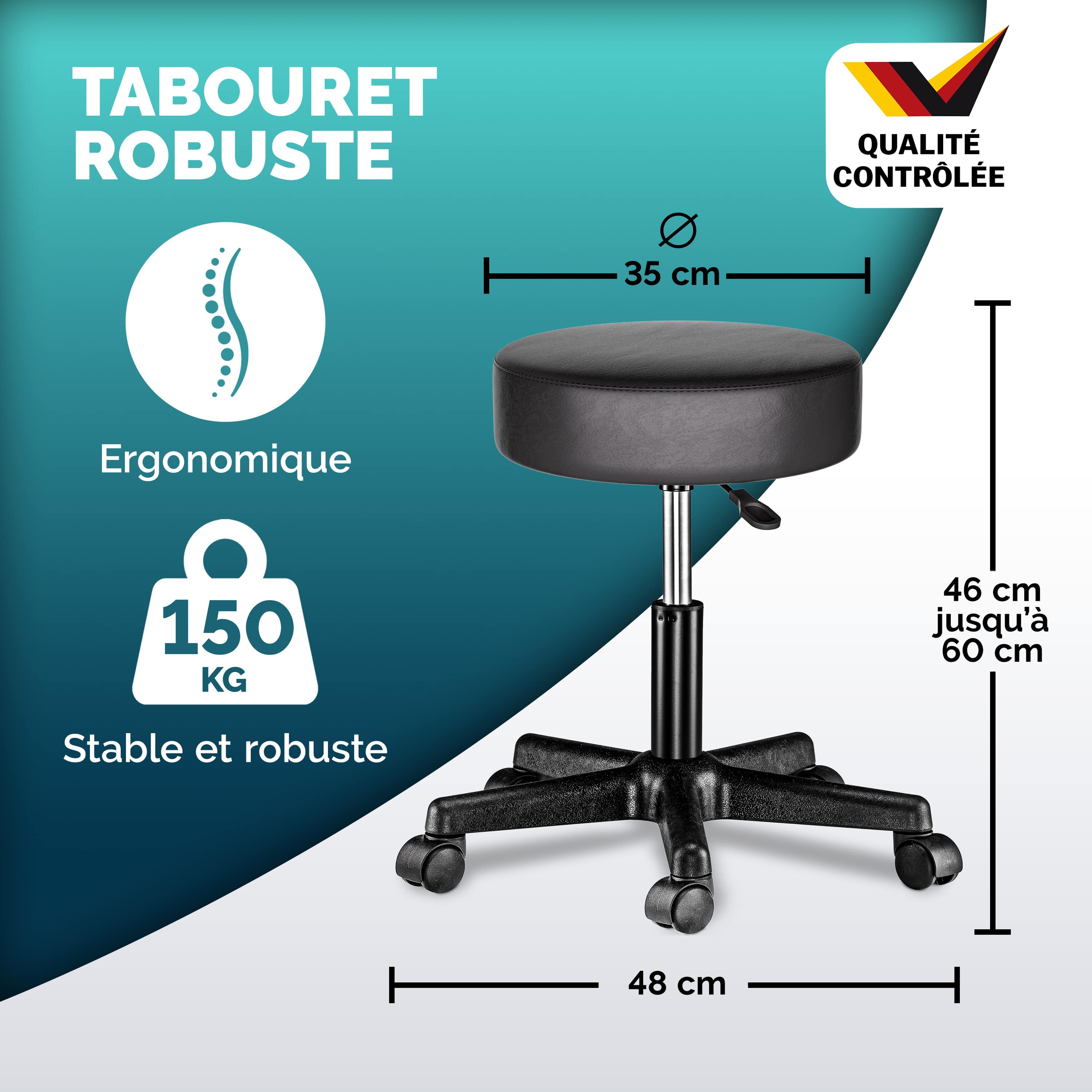CASARIA® Tabouret Roulettes Pivotant 360° - Tabouret de Bureau Ergonomique Réglable 46-60 cm - Similicuir - Charge Max. 150 kg - Rembourrage Épais - 4