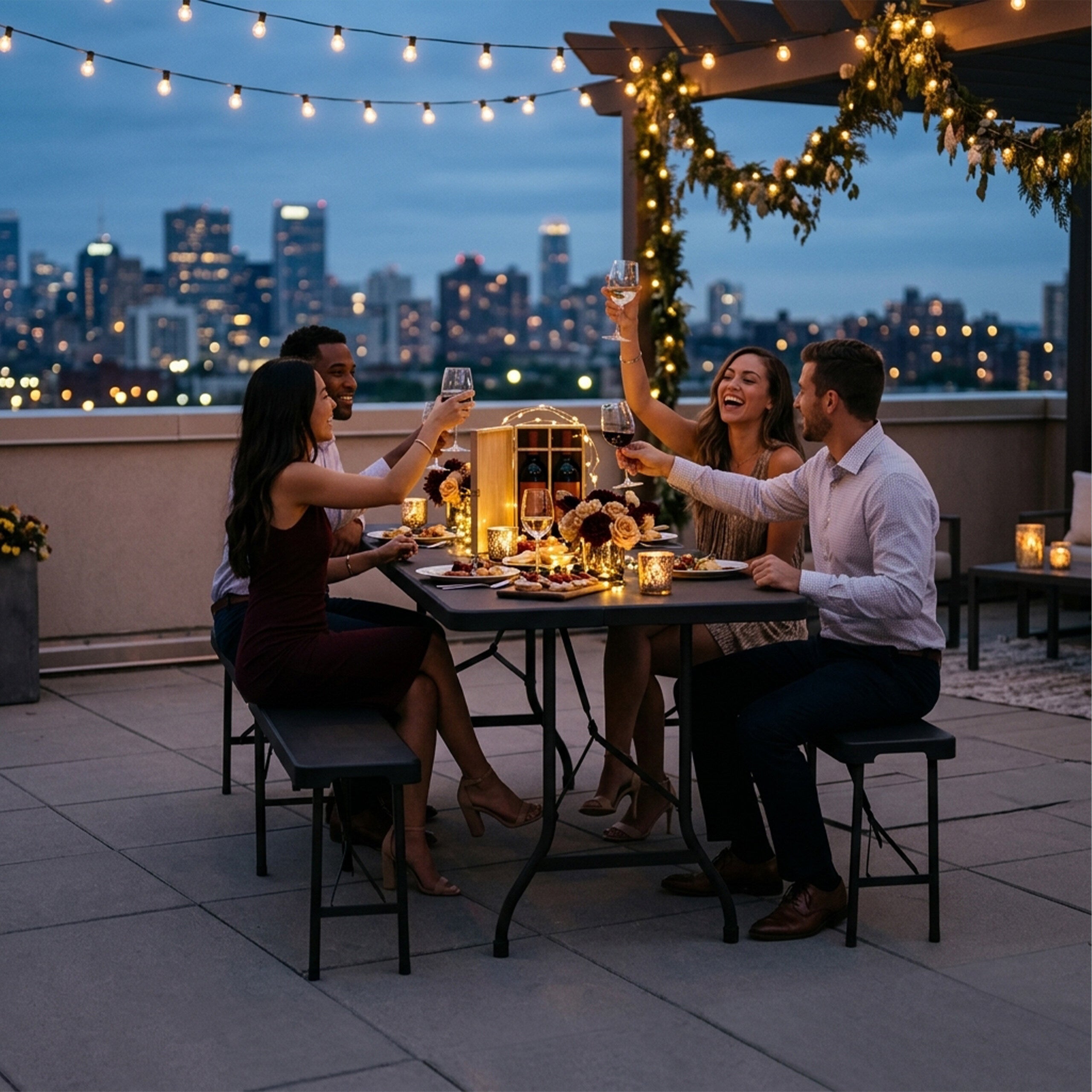 Conjunto de cervejaria dobrável, 3 peças, mesa de 180 cm e 2 bancos em PE e aço para jardim, preto, Relaxdays - 6