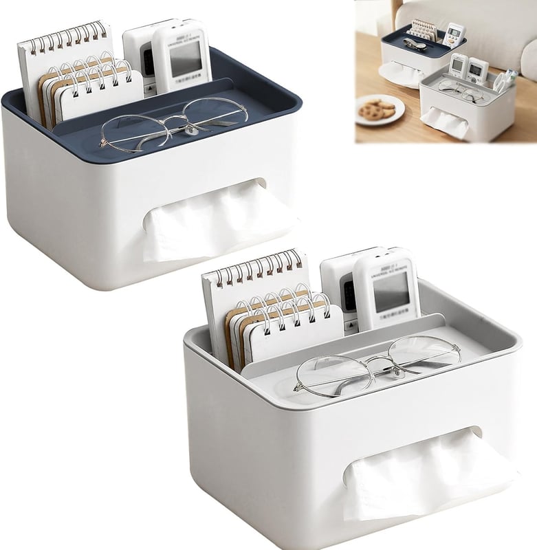 Wielofunkcyjne pudełko na chusteczki z podstawką na telefon komórkowy, pyłoszczelne pudełko do przechowywania na biurku z pokrywką (2 sztuki)