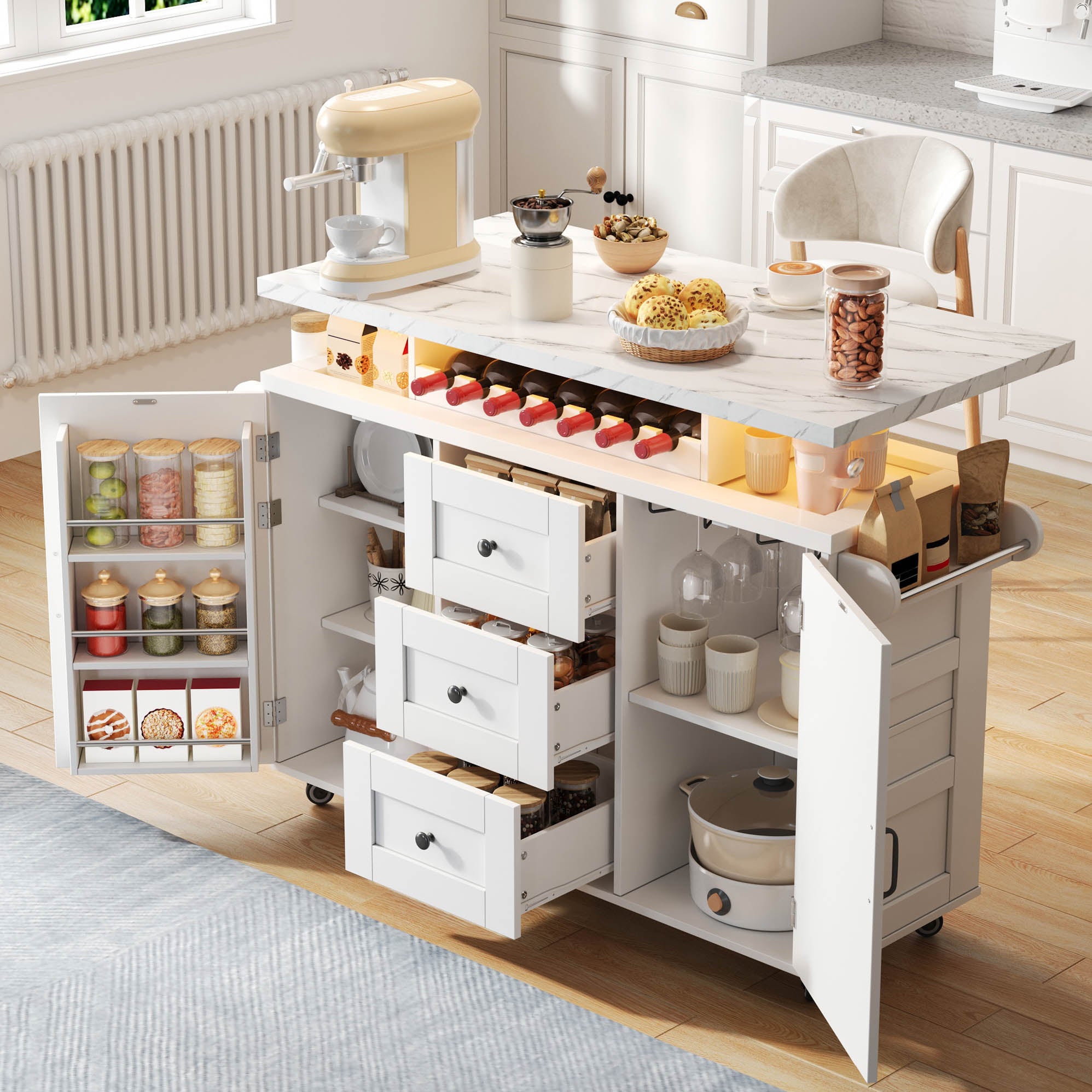 Mobilna wyspa kuchenna z 2 drzwiami i 3 szufladami - 182 x 40 x 75 cm - Płyta MDF - Blat imitujący marmur - Diody LED - Kolor biały