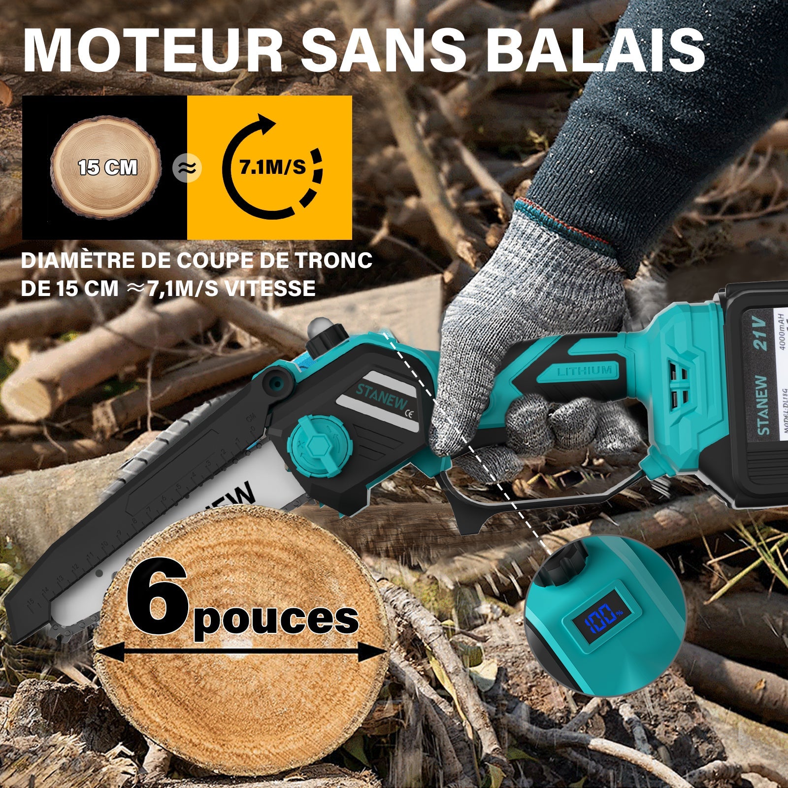 STANEW Tronçonneuse rétractable 2 en 1 et mini tronçonneuse sans balais avec 2 batteries 4000mAh, 6