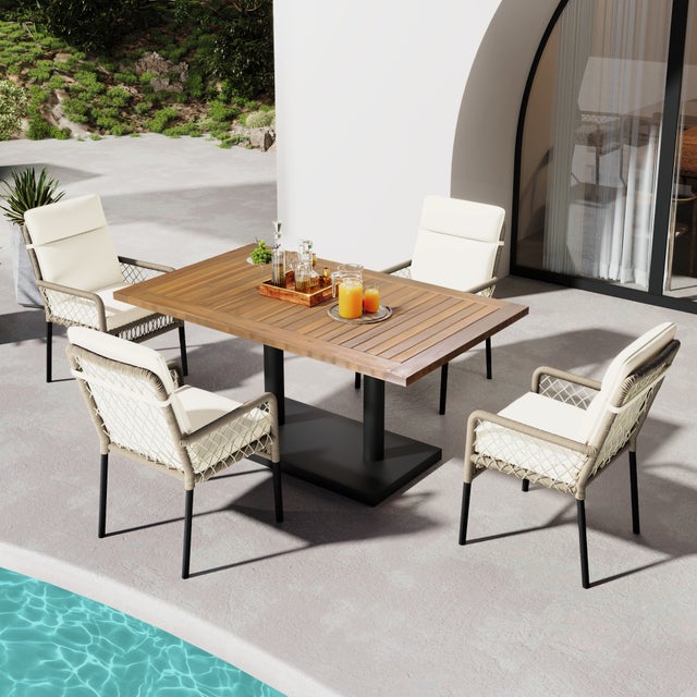 Set di mobili da giardino in legno di acacia a 4 posti: tavolo da pranzo + 4 poltrone - 120 x 70 x 75 cm - per terrazza, giardino - Bianco + naturale