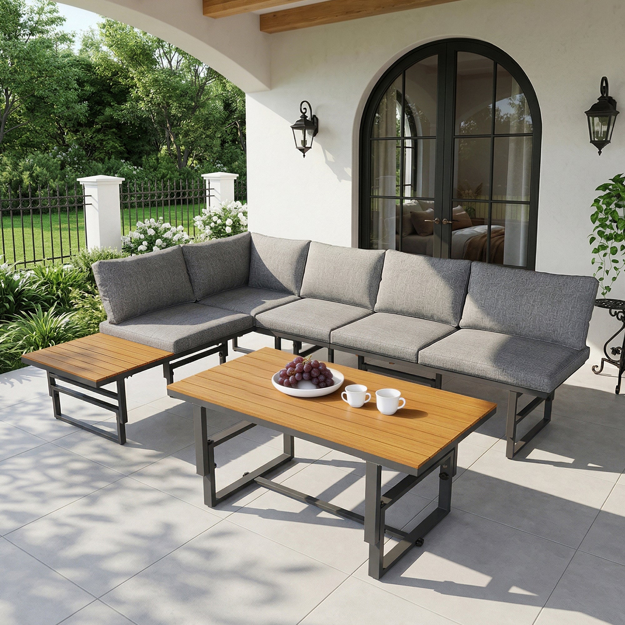 Mobiliario de jardín modular en hierro galvanizado: 2 sofás elevables de 3 plazas + 1 mesa de centro - Gris - 4