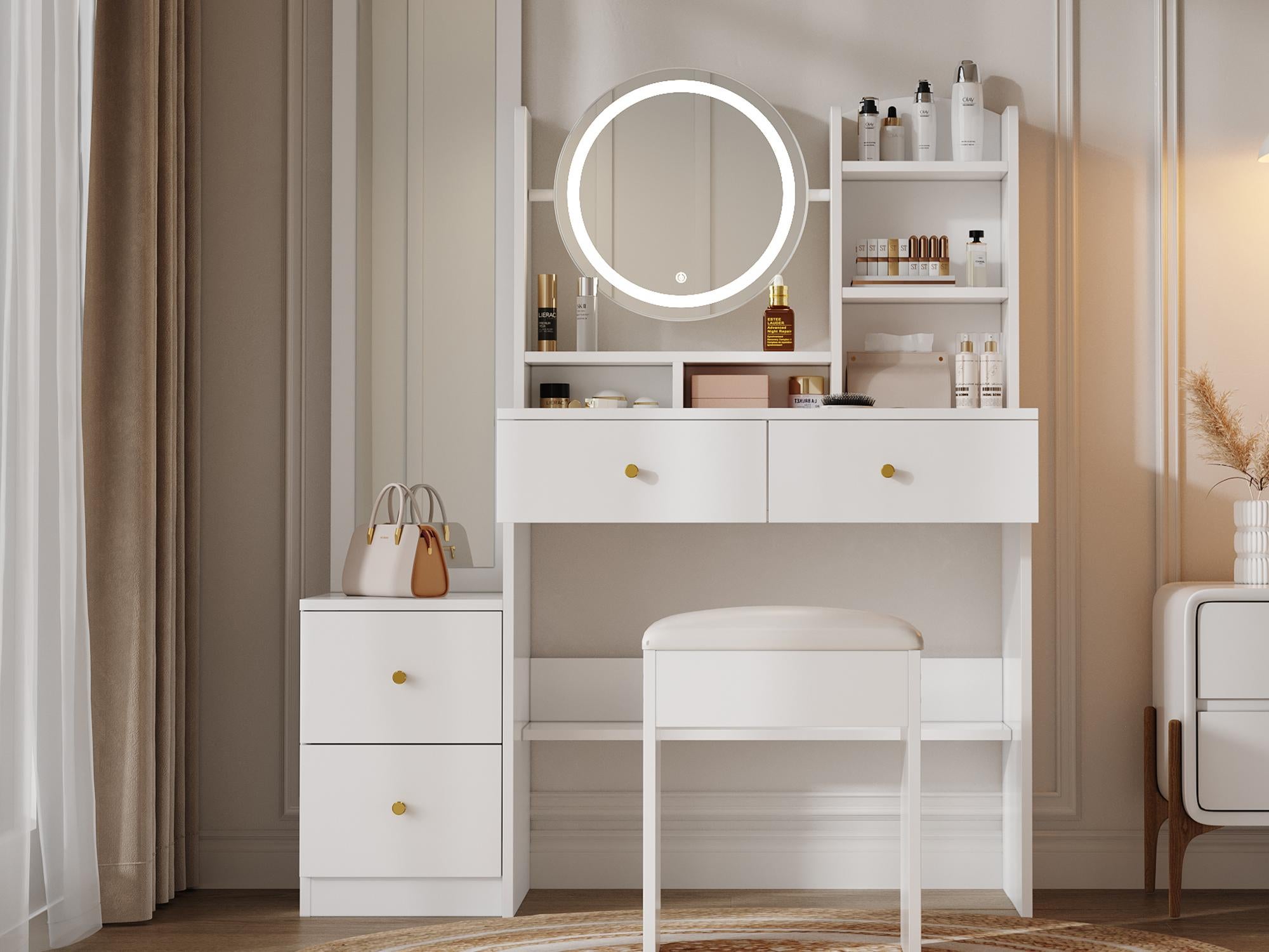 Coiffeuse Pour Enfant En Bois Avec Tabouret Et éclairage LED - Dimensions : 70x34x99 Cm - Neuf