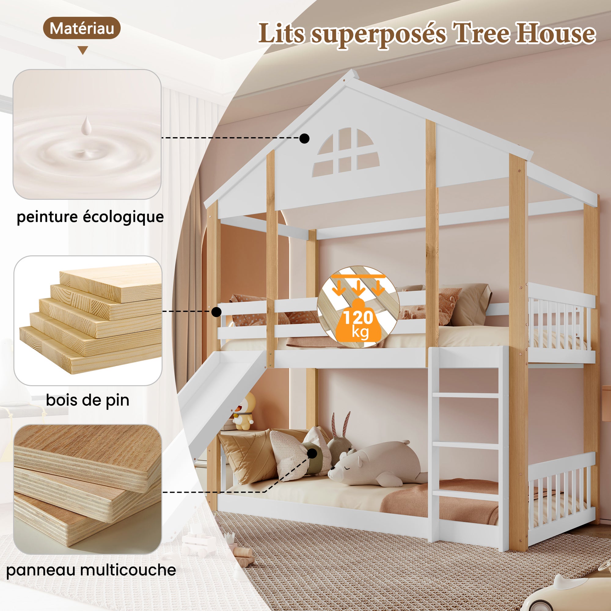 Lit superposé 90 x 200 cm pour enfant, lit mezzanine cabane en bois avec fenêtres et glissière d'angle, toboggan et clôtures (sans matelas) - 6